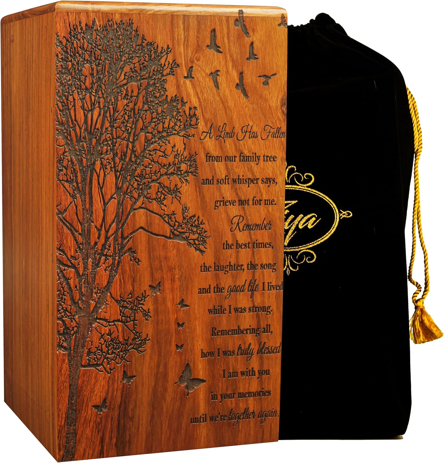 ZIYA Tree with Text Wood Urns for Human Ashes Adult Male, Decorative Men Urns, Large Funeral Urns for Women, Handcrafted Burial Female Cremation Urns for Large Adult Up to 250 lbs with Velvet Bag