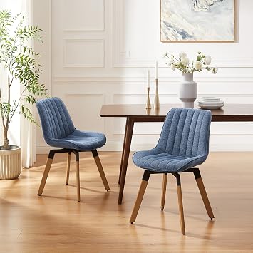 Zouron Swivel Chairs for Dining Table, Modern Dining Room Chairs Set of 2, Cotton Armless Kitchen Chairs with Upholstered Seat, Desk Chair No Wheels for Living Room Bedroom, Blue