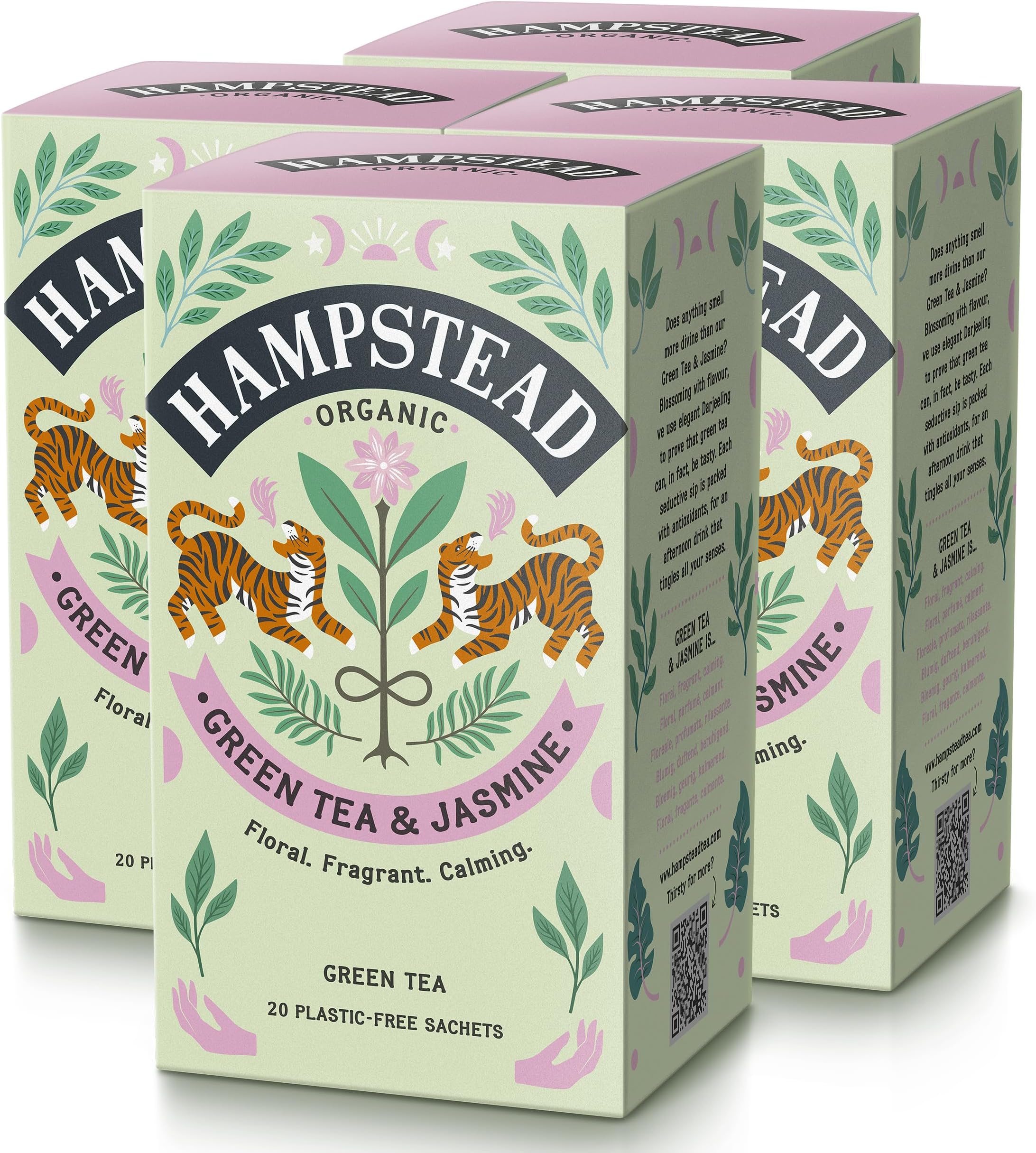 Hampstead Organic Green & Jasmine Tea Bags (4 Packs of 20), Biodynamic Floral Jasmine Green Tea Infusion, Plastic-Free & Compostable