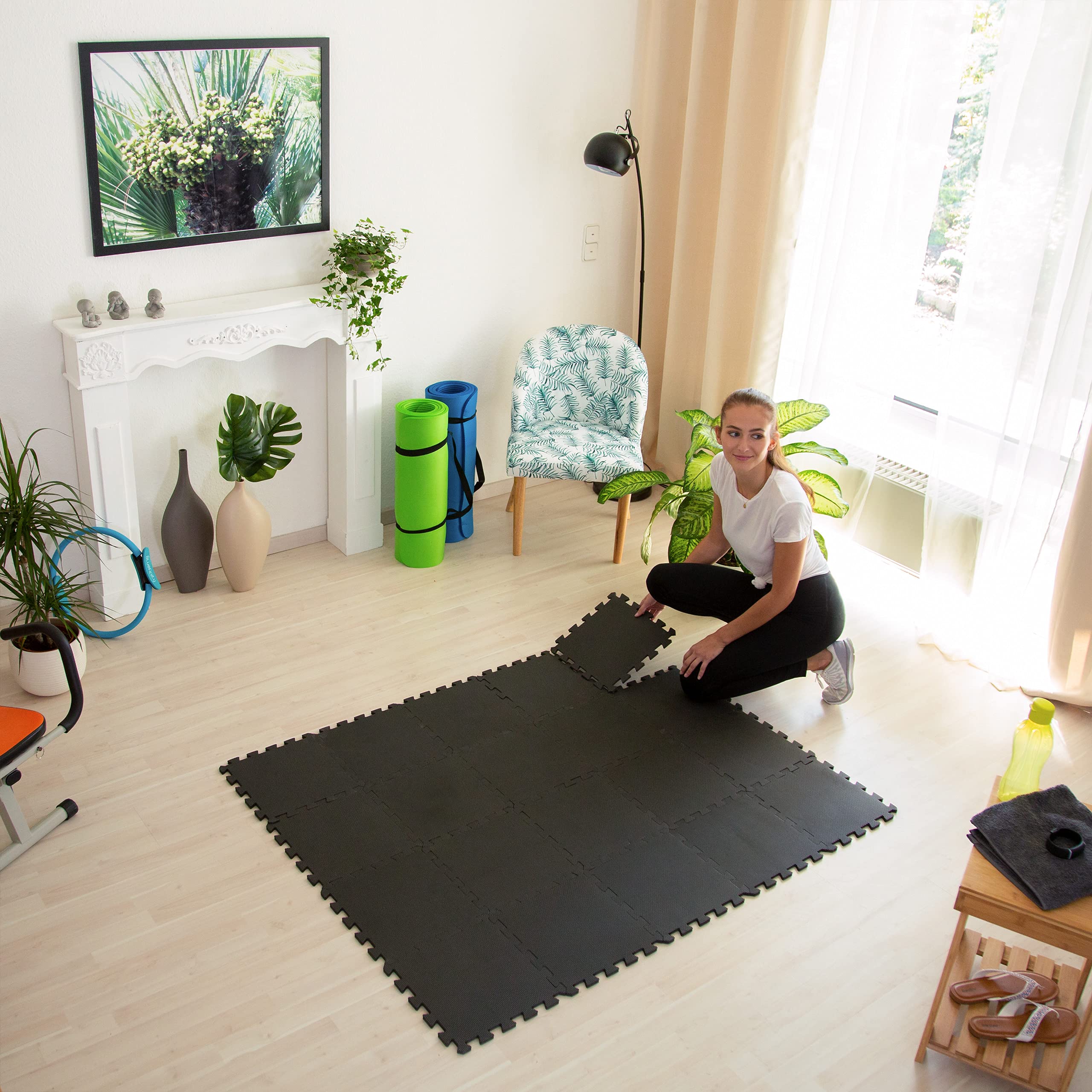 48 tappetini protettivi per pavimento, 30 x 30 cm, 4,3 m², espandibili, ammortizzanti, per attrezzature da fitness, spessore 1 cm, nero