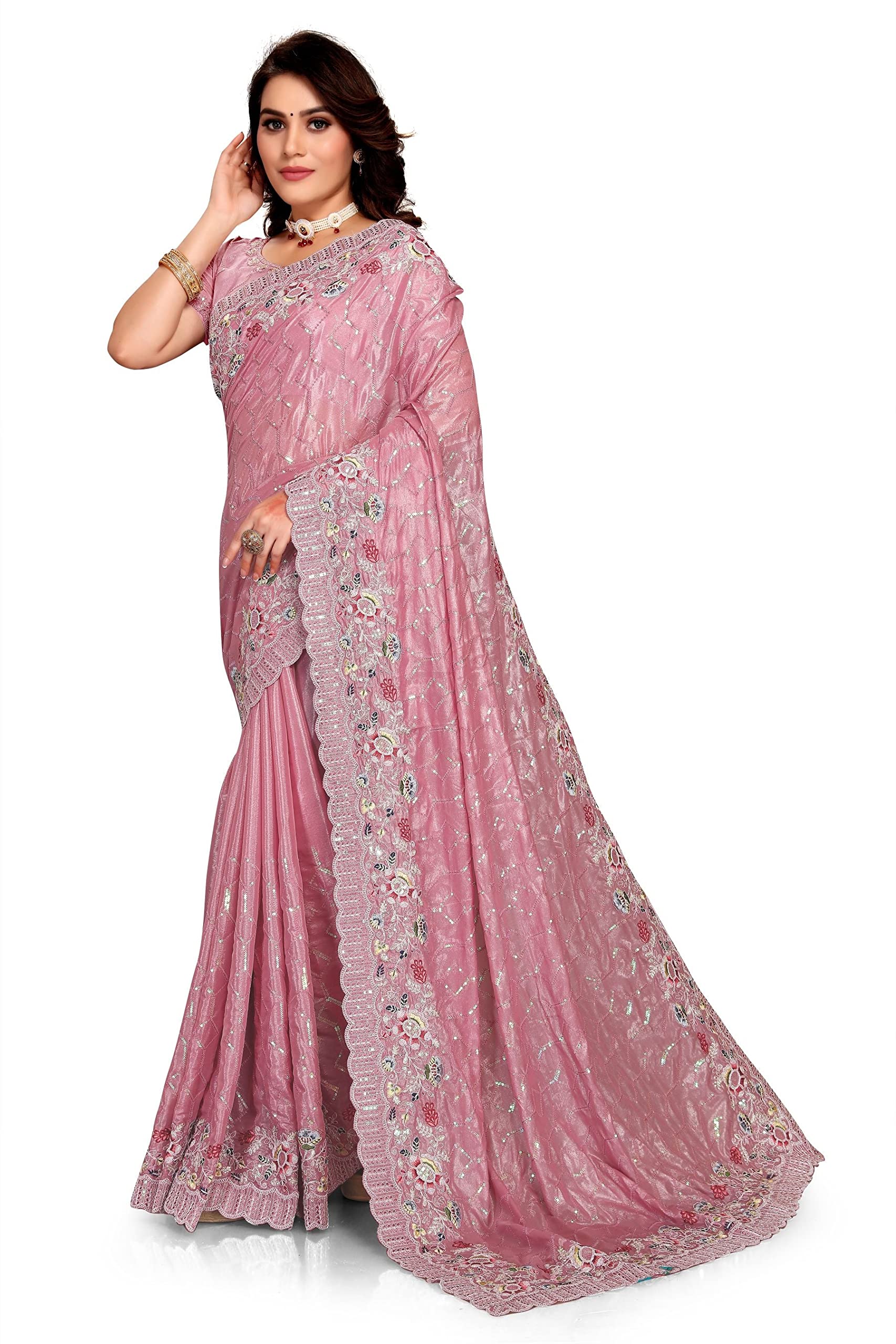 CRAFTSTRIBE Georgette Saree Party Wear White Sari with Unstitched Blouse Piece