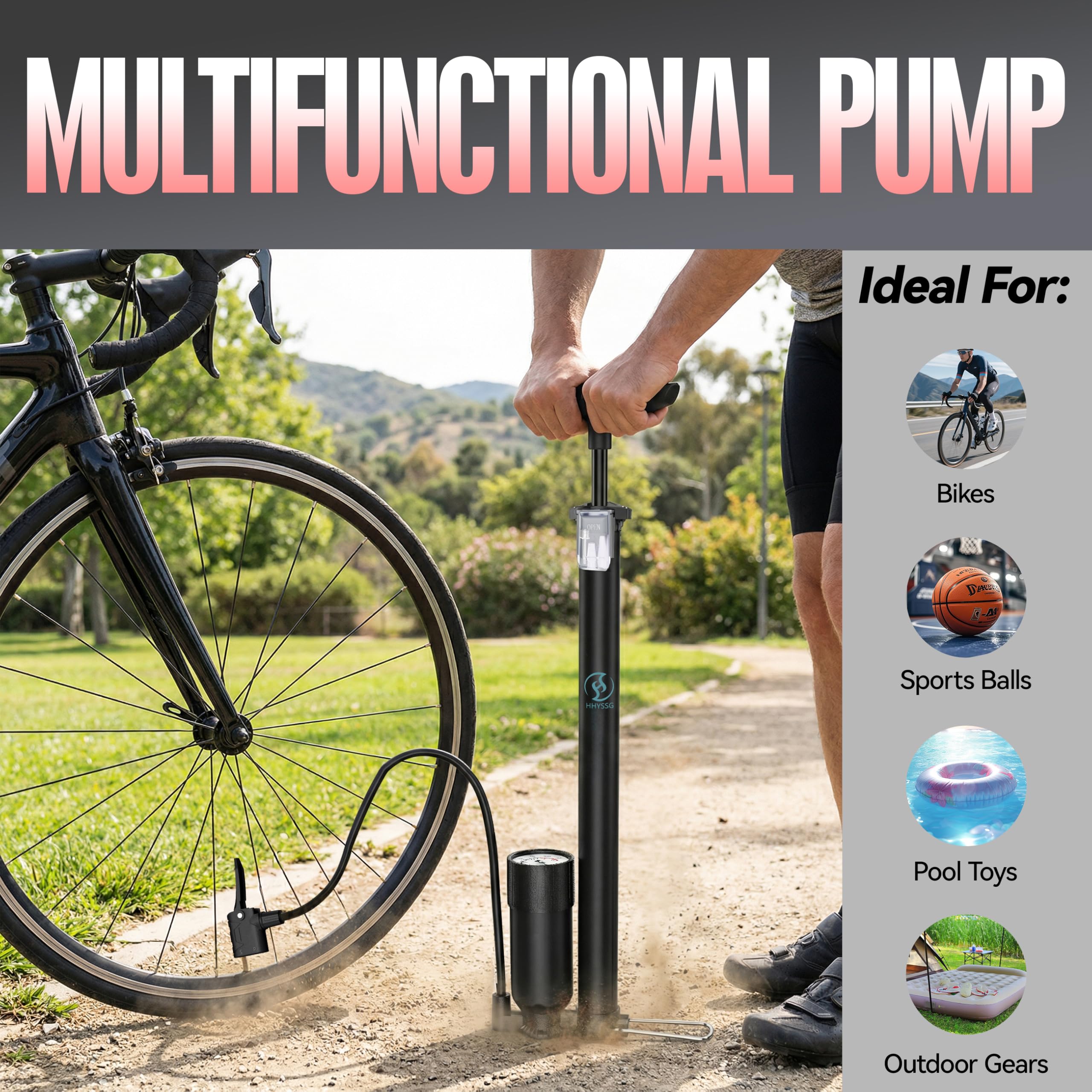 Stand-Fahrradpumpe alle Ventile AV, SV, DV - Fahrrad Luftpumpe Inklusive Großem Manometer, Adaptern & Behälter | Pumpe für Motorrad, E Bike, Auto & Sportartikel