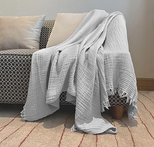 Miniatura 2 de Manta KyraHome de muselina 100 % orgánica para sofá, transpirable, súper suave, 100 % algodón, acogedora, ligera, cálida, suave, para todas las