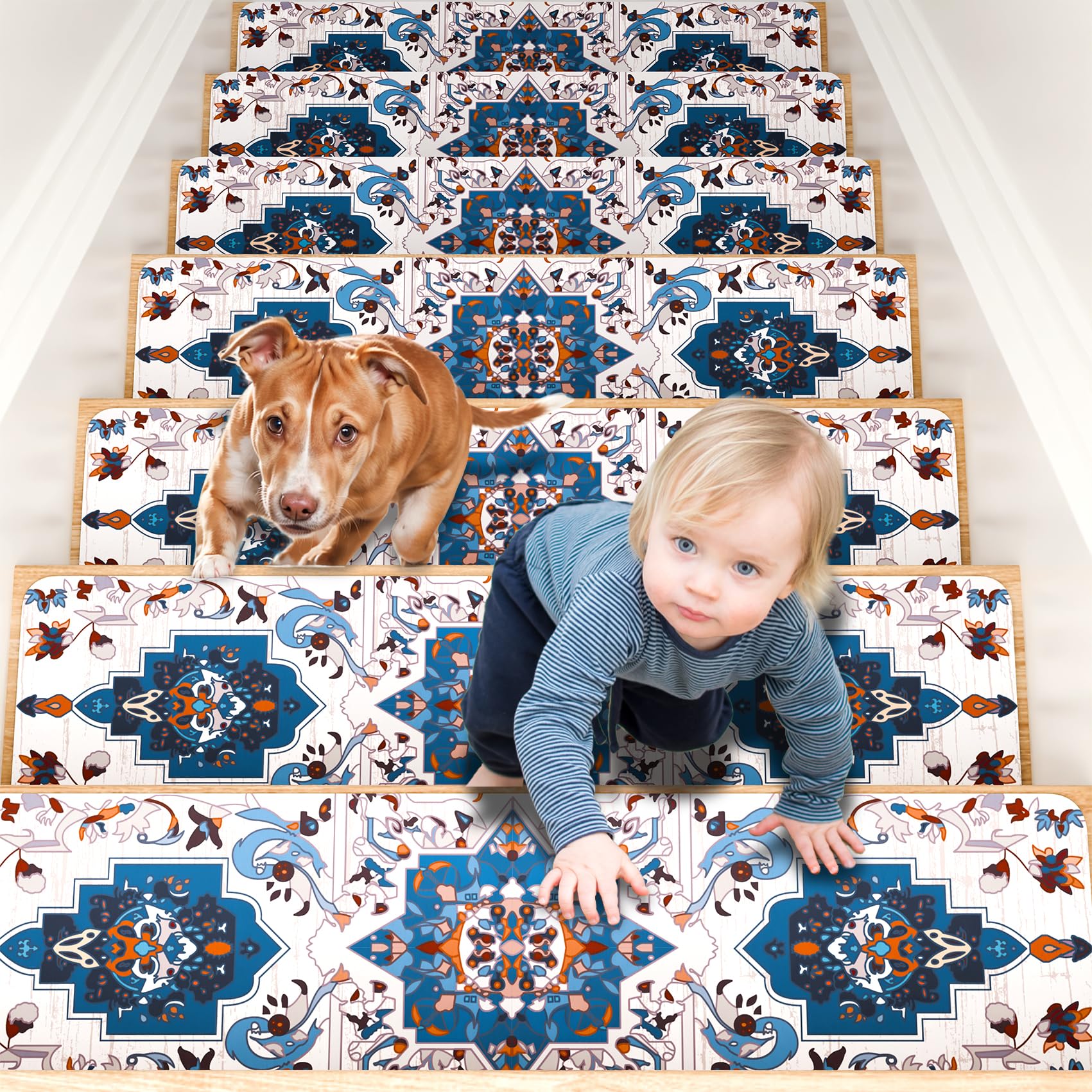 Stair Treads for Wooden Steps,15 PCS 8" X 30" Stairs Carpet Non Slip,Indoor Reusable Stair Runners for Kids, Elders Pets,Rubber Backed Stair Treads Stair Covers,Machine Washable,Blue.