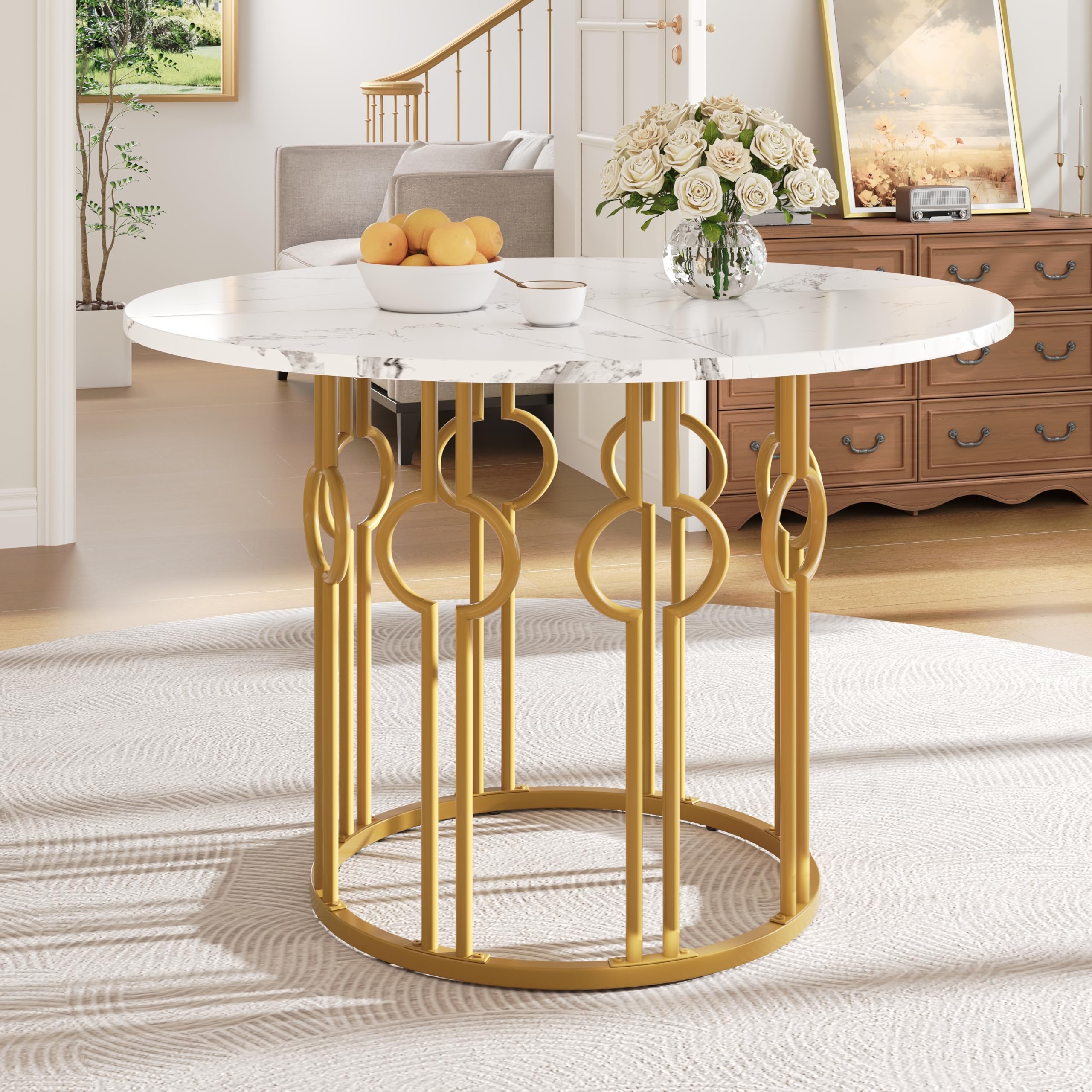 Merax Esstisch Runder 100cm, Moderner Küchentisch für 4-6 Personen, Esszimmertisch für Küchen, Wohnzimmer, Esszimmer, Büro, Künstlerisch geformte goldene Metallbeine, marmorierte MDF-Tischplatte