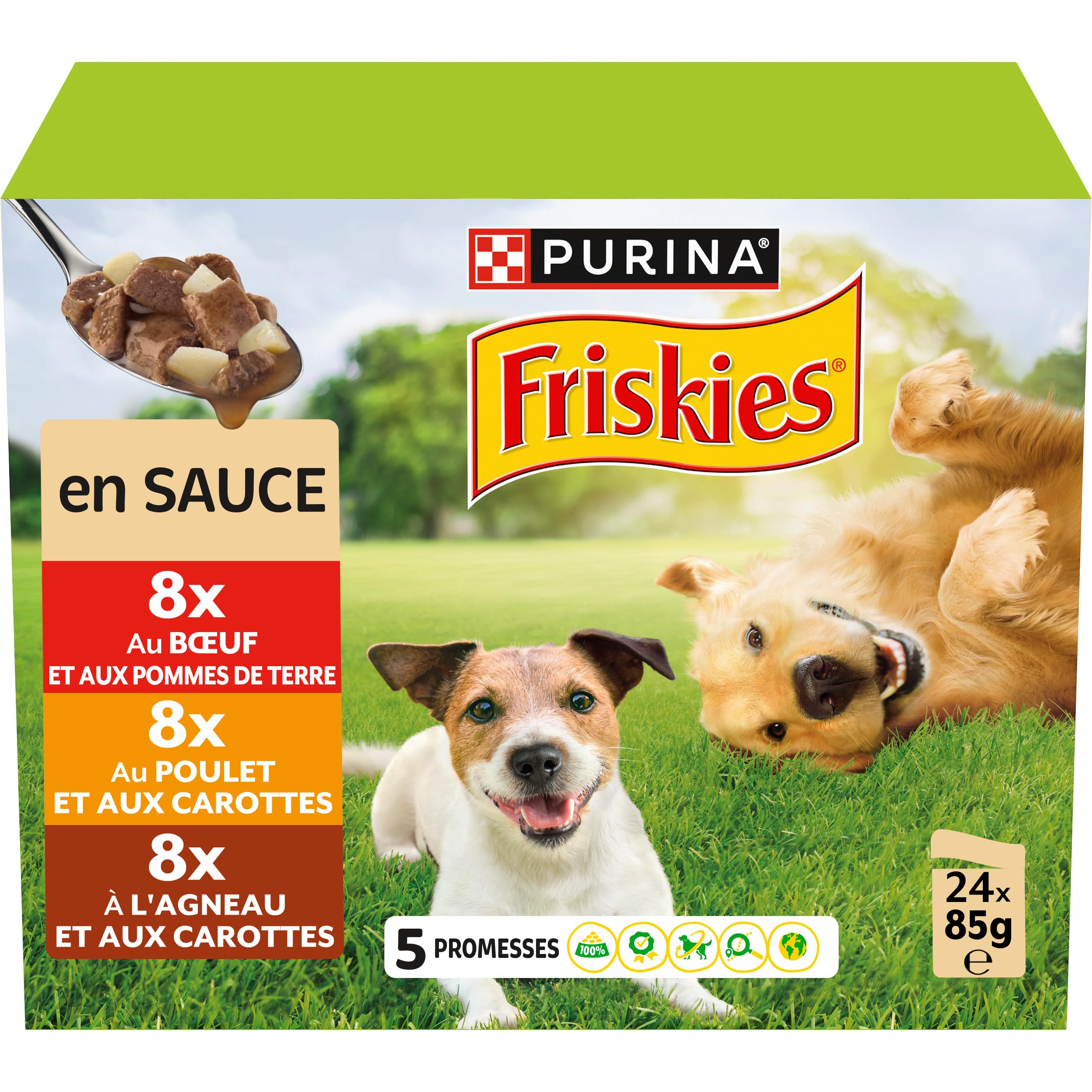 FRISKIES | Adult Dog Patée | In Sauce | Chicken, Beef, Lamb and Vegetables | Helps Maintain a Sparkling Look, Shiny Hair and Healthy Skin | Fresh Sachets | 24 x 85g