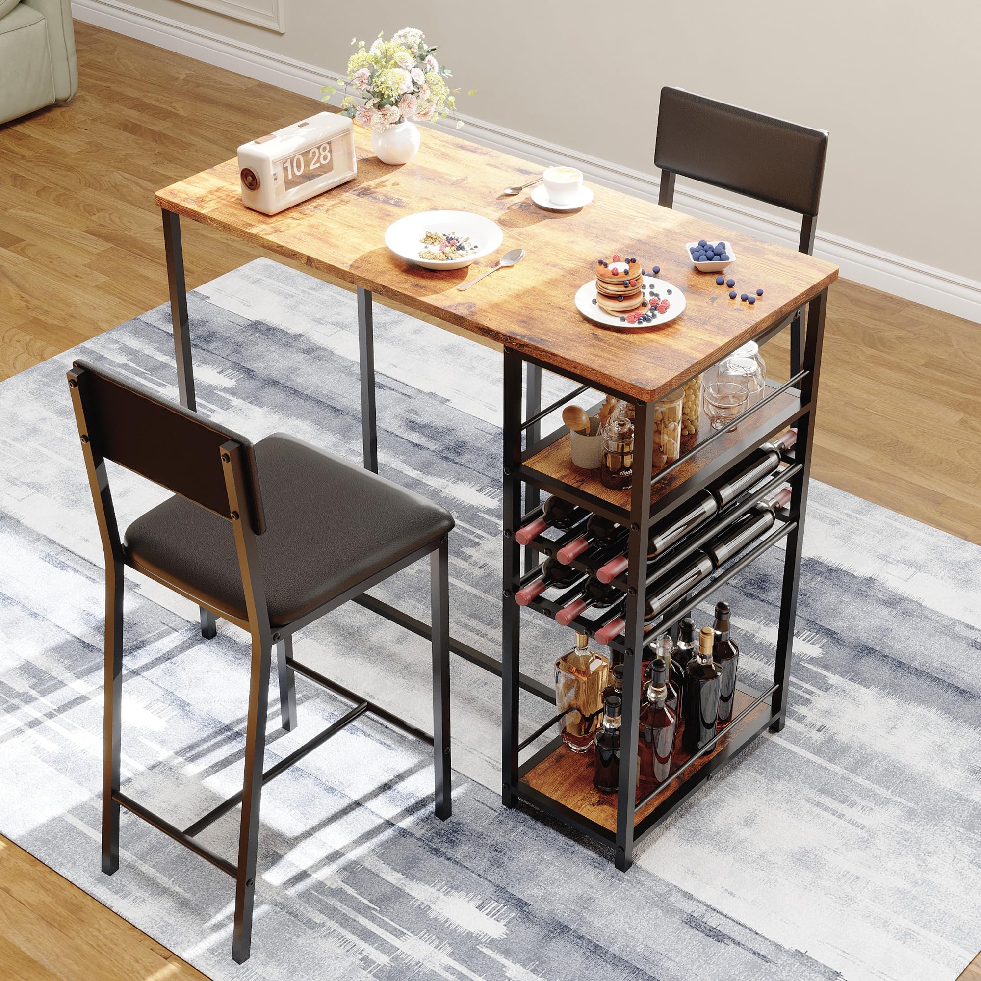 Esstisch-Set für 2 Personen mit 4 Ablagen – integrierter Getränkehalter und Flaschenhalter – Komfort gepolsterte Stühle – Metallgestell im Retro-Stil – Klassisch