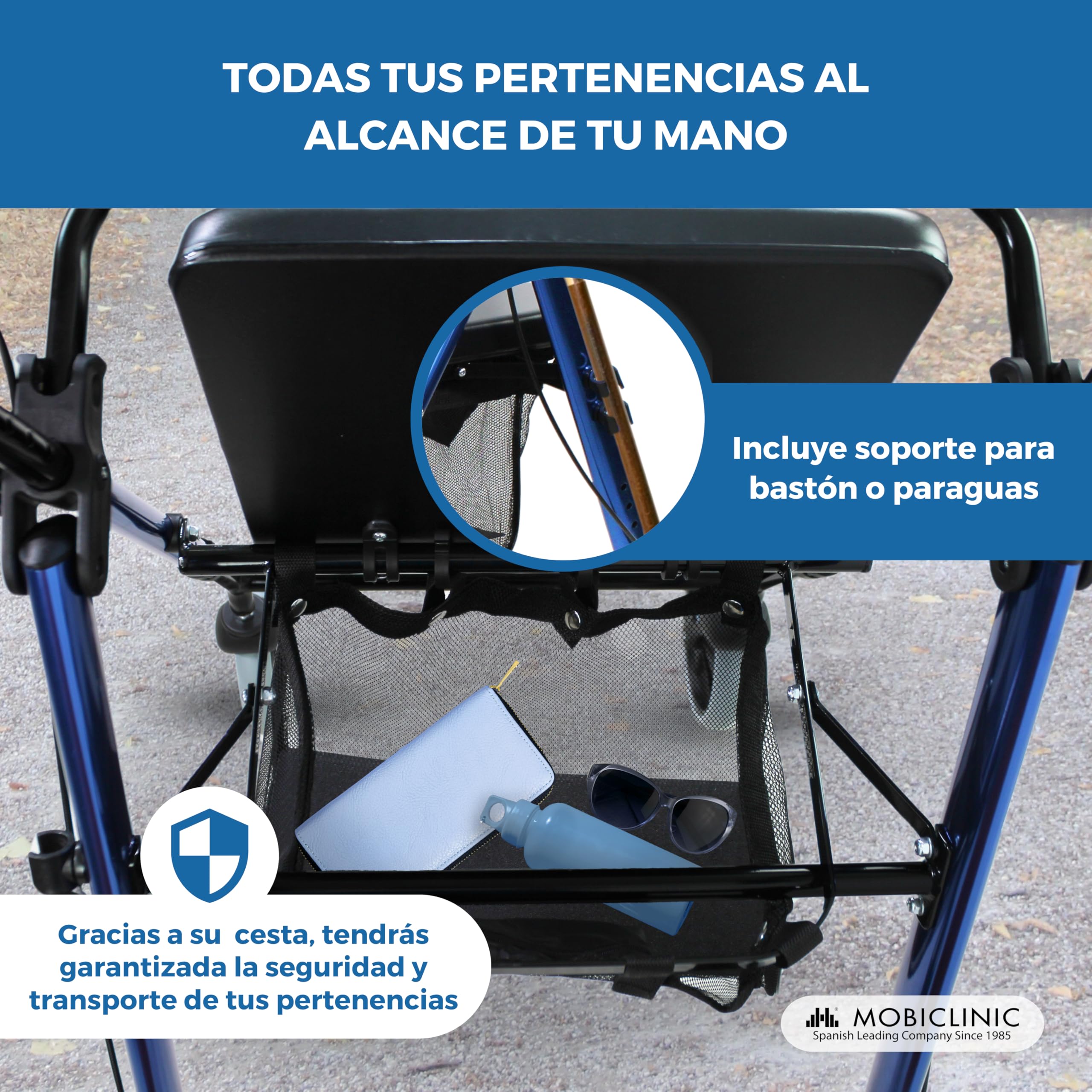 Mobiclinic®, Andador Plegable, Ligero, con Asiento y Cesta, Hércules, Frenos en Manetas, 4 Ruedas, Aluminio, Azul