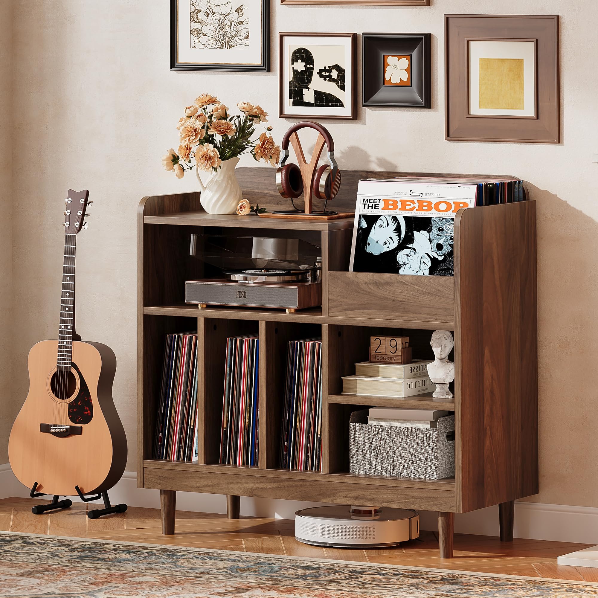 IRONCK Grand Support de Tourne-Disque avec Station de Charge - Rangement en Vinyle pour 300 Albums - Armoire à disques à 3 Niveaux avec séparateurs - Étagère Moderne pour Salle de Musique - Marron