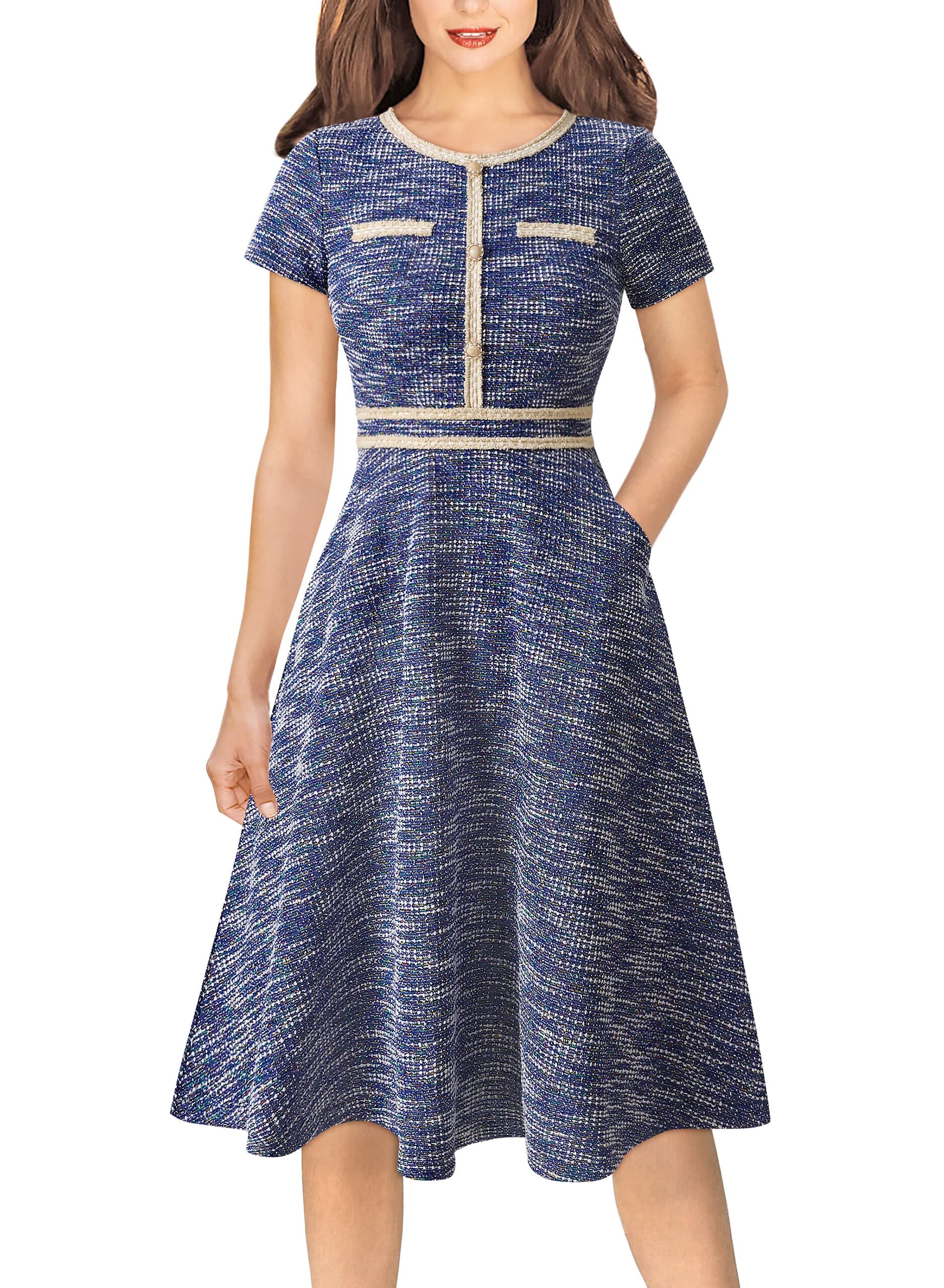 VFSHOW Womens Buttons Pockets Office Business A-Line Dresses Short Sleeve Work Crew Neck Tweed Trim Fit and Flare