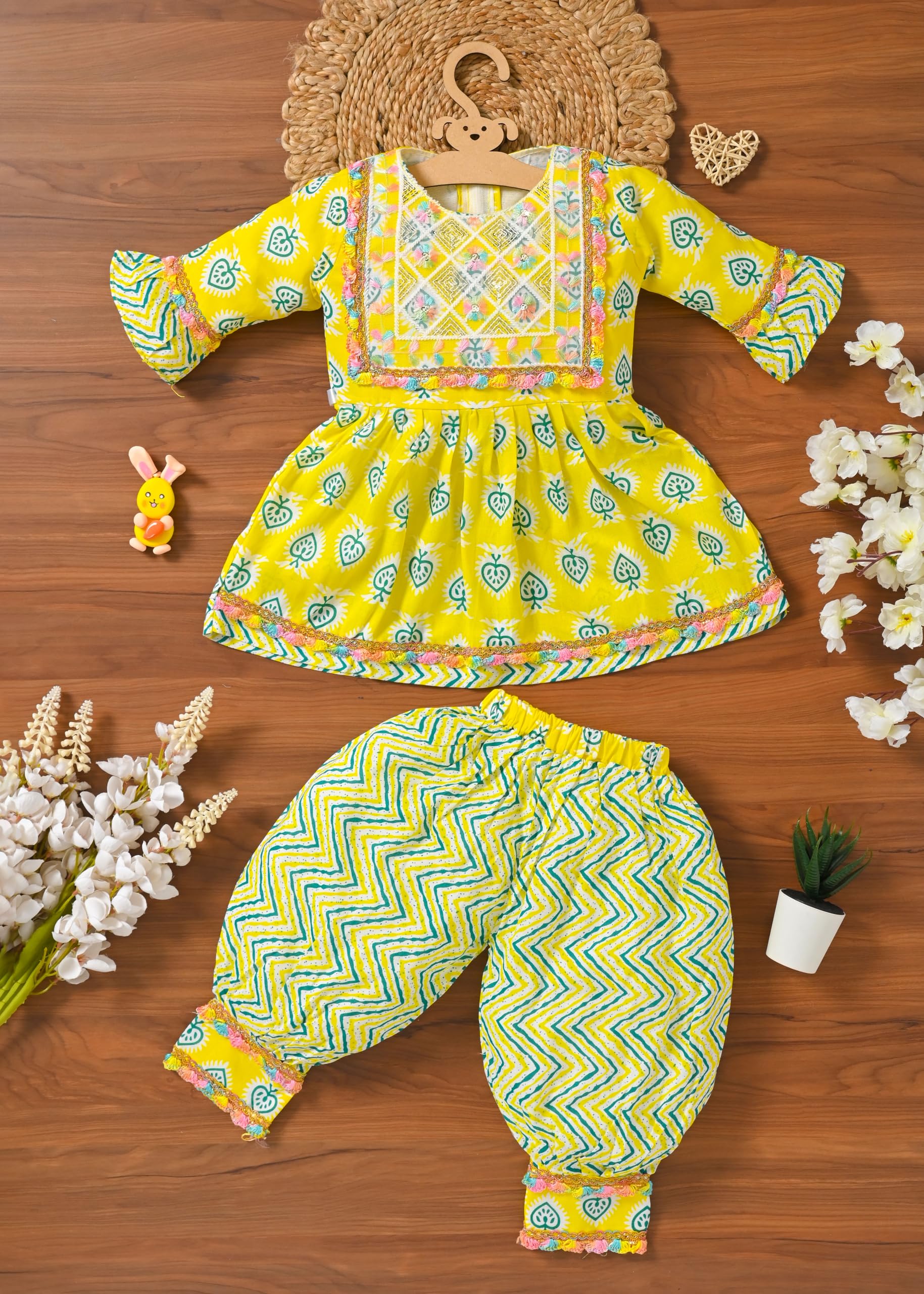Baby Girls Yellow Ethnic Clothing Set, Mirror Work Embroidered Frock with Zigzag Print Pants, Comfortable Cotton Outfit for Kids-image-10