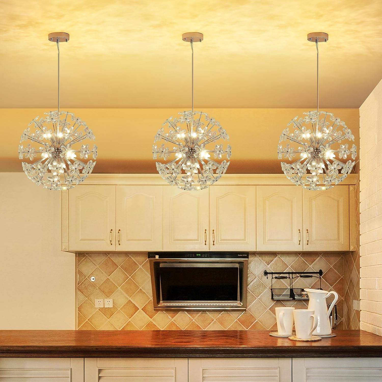 Shrine Lighting Dandelion Crystal Chandeliers, Modern Design, Firework Pendant Light Fixture for Living Room Space, H17'' x D17'', Adjustable Chains 59'', G9*9 Sockets, Chrome Finish Frame