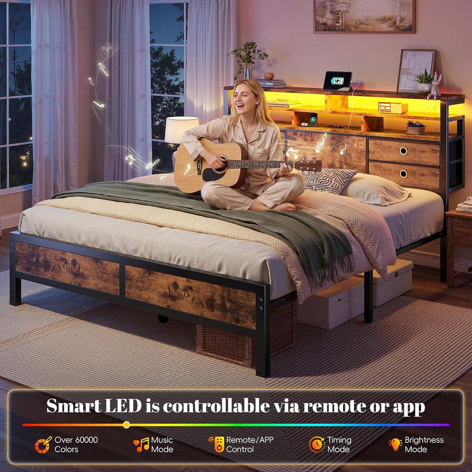 Homkdom Bed Frame Queen Size with 2-Tier Storage Headboard and 4 Drawers,Queen Platform Bed Frame with LED Lights & Charging Station,Metal Queen Bed,No Noise,Rustic Brown