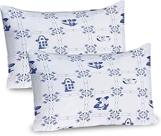 Ambesonne Vintage Blue Pillow Sham Set of 2, Symbolic Dutch Cultures with Clogs Canal Houses and Tulips, Quality Microfiber Bedding Item for All Seasons, 30" x 20", Violet Blue and White