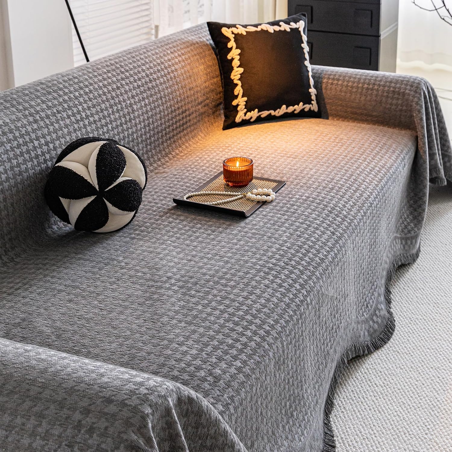 ROOMLIFE Couch Cover 3 Cushion Sofa, Washable Non Slip Furniture Sofa Protector Cover, Soft Chenille Sofa Slipcovers Sectional L Shape Dogs Couch Cover Throw Blanket with Tassels 71''X118''