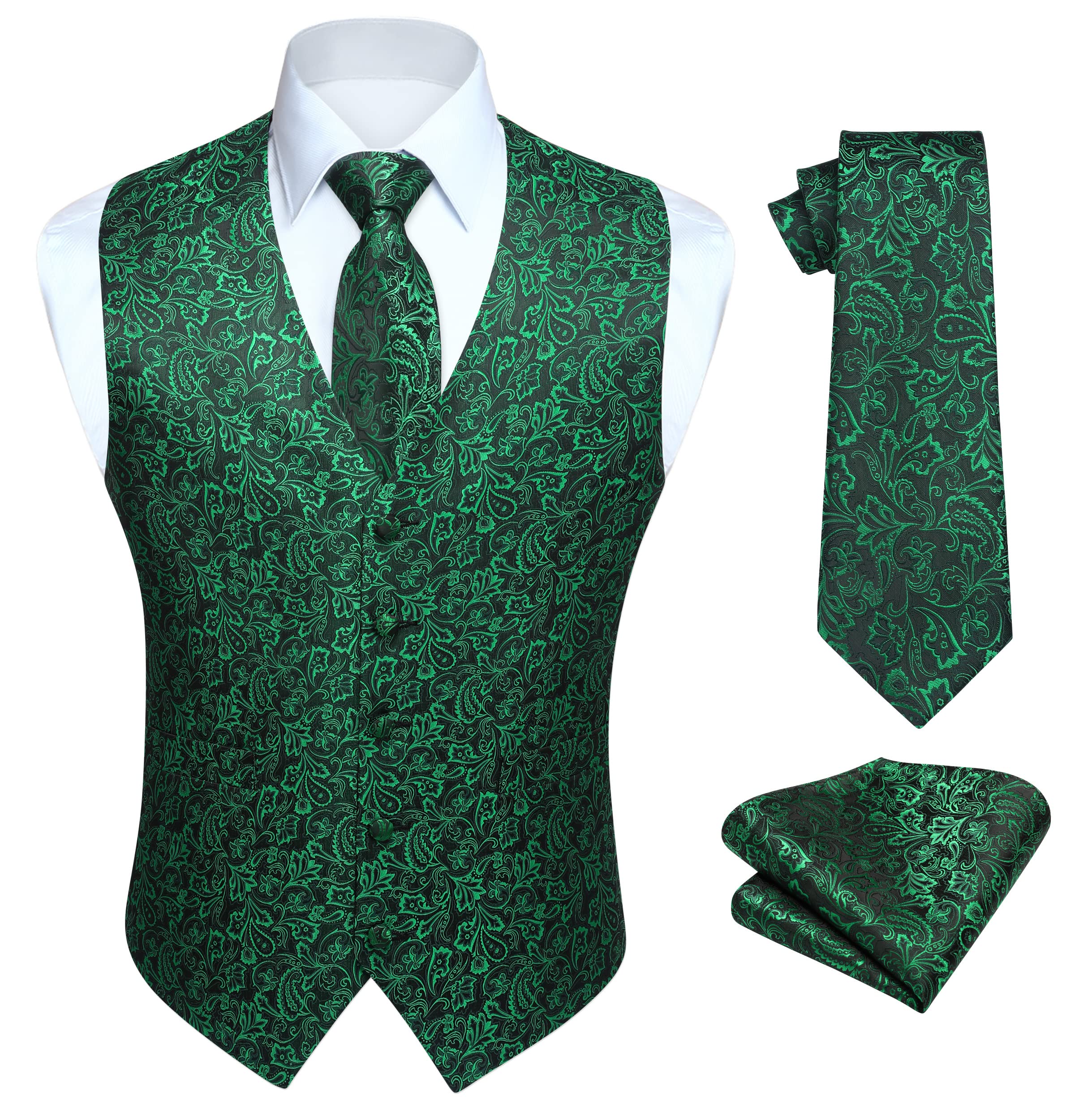 HISDERN Vest and Tie Sets for Men Vests Paisley Floral Jacquard Necktie Pocket Square 3PCS Waistcoat for Suit or Tuxedo