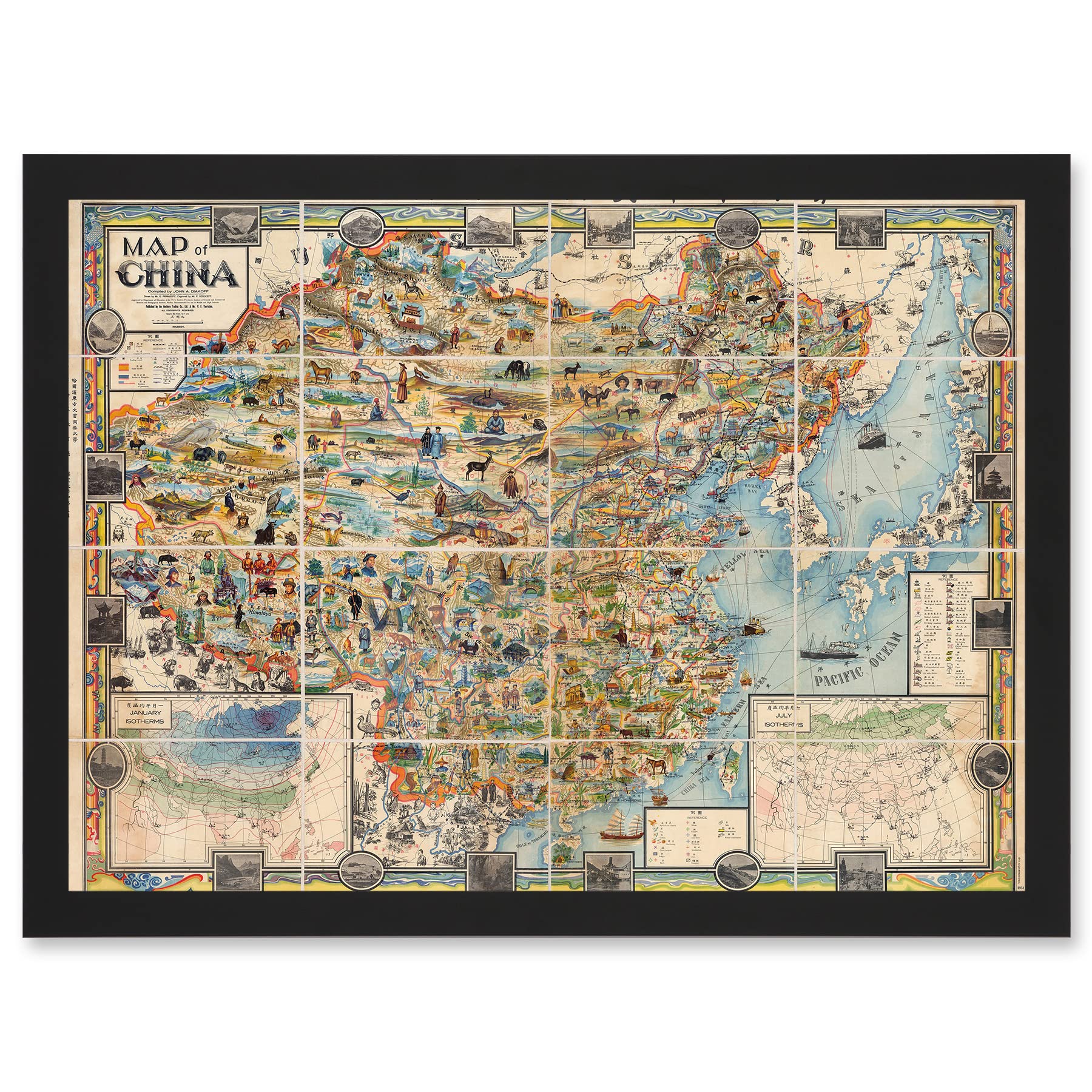 Map Diakoff 1931 China Pictorial Unfolded Artwork Framed Wall Art Print A4 - Artery8