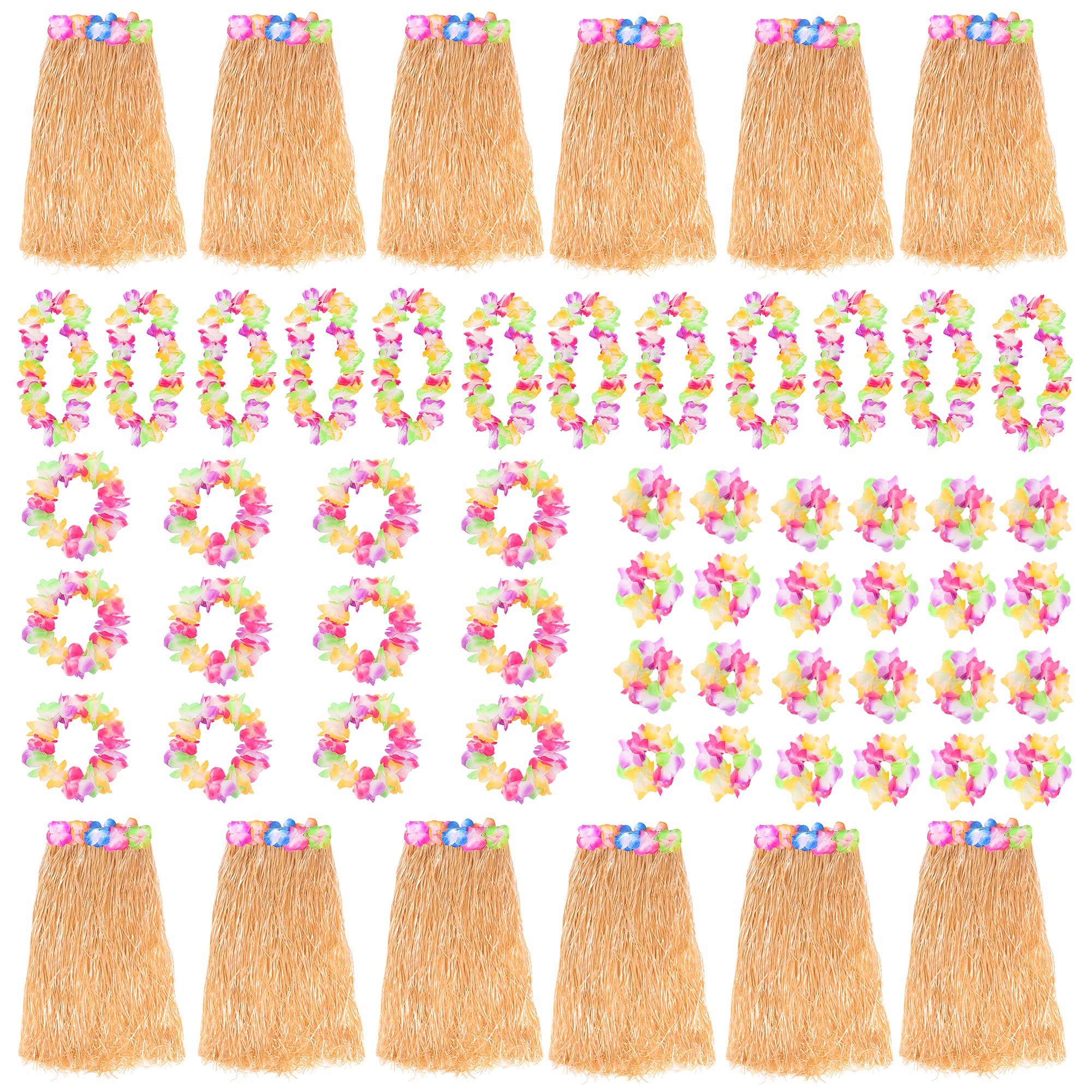 Natural Hawaiian Hula Skirt and Multicoloured Lei Set X12 - Flower Necklace, Headband and Bracelet - 80cm Grass Hula - Luau - Fancy Dress Costume Accessory
