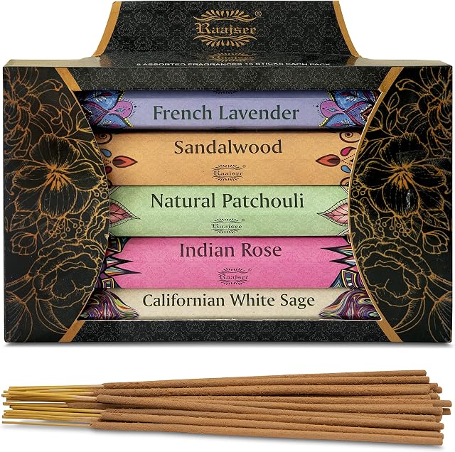 Raajsee Incense Sticks 15 Sticks x 5 Pack -100% Pure Organic Natural- Hand Rolled Free from Chemicals -Perfect for Church Aromatherapy, Stress Relief, Meditation (Assorted)