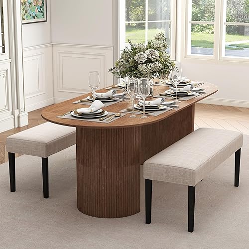 LIVINOVA Farmhouse - Juego de 2 asientos de comedor tapizados de tela de lino de 45 pulgadas con patas de madera negra, banco moderno de mediados de