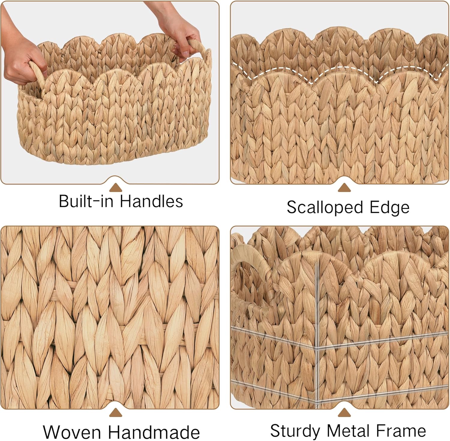 Scalloped Wicker Basket, Set of 2 Hand-Woven Natural Rattan Baskets with Built-in Handles, Water Hyacinth Storage Oval Cute Baby Baskets for Nursery, Organizing, Decor and Shelves