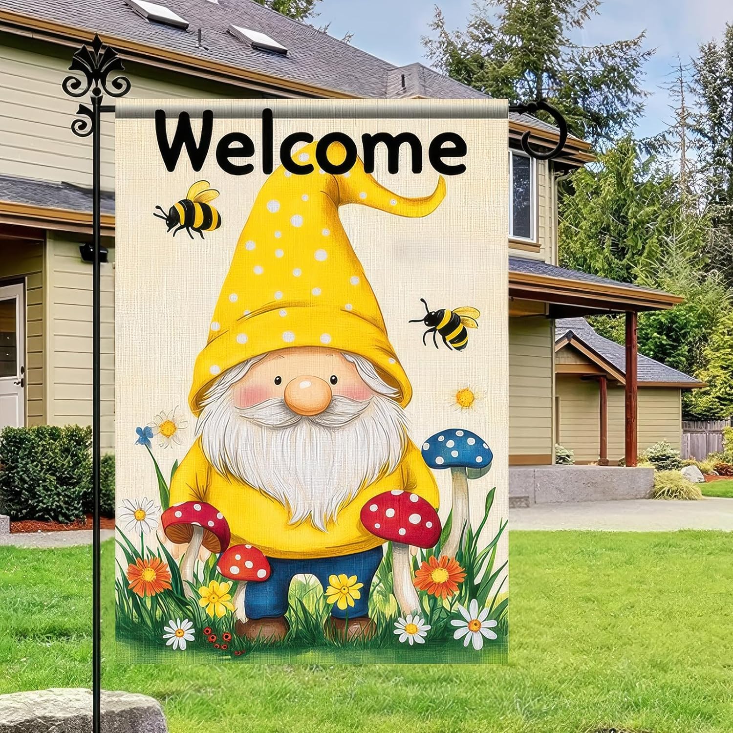 Spring Garden Flag 12x18 Inch Double Sided Spring Welcome Gnome Yard Flag Flower Butterfly Small Garden Flags Welcome Springs Outside Holiday Decorations Farmhouse Flags - Image 4