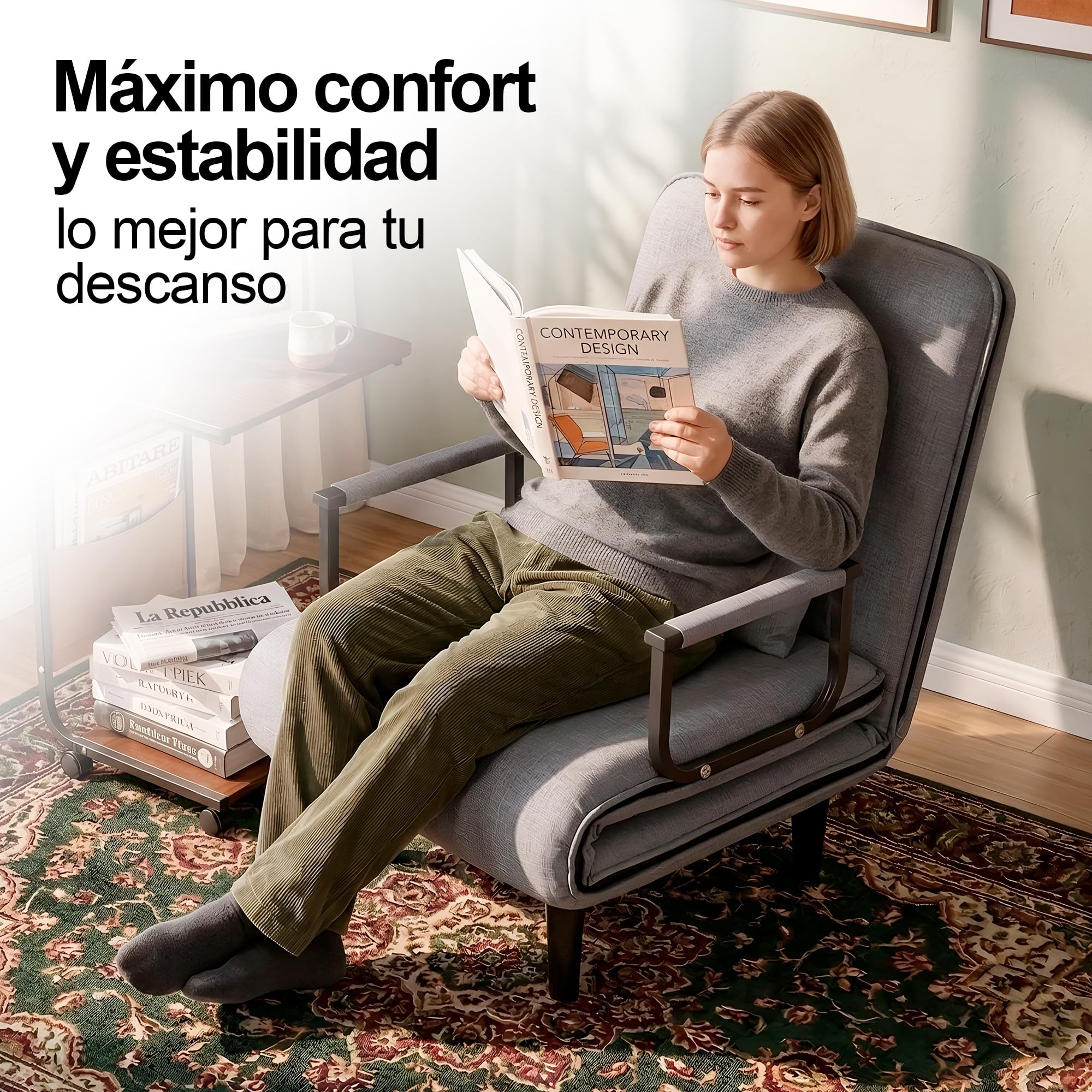 Unicview Sillón Sofá Cama Convertible 3 en 1, Sofá Reclinable, Sofá Individual Que se Convierte en Cama 190 cm Largo 65 cm Ancho, con Reposabrazos y Cojín, Ideal para Salón o Invitados, Gris