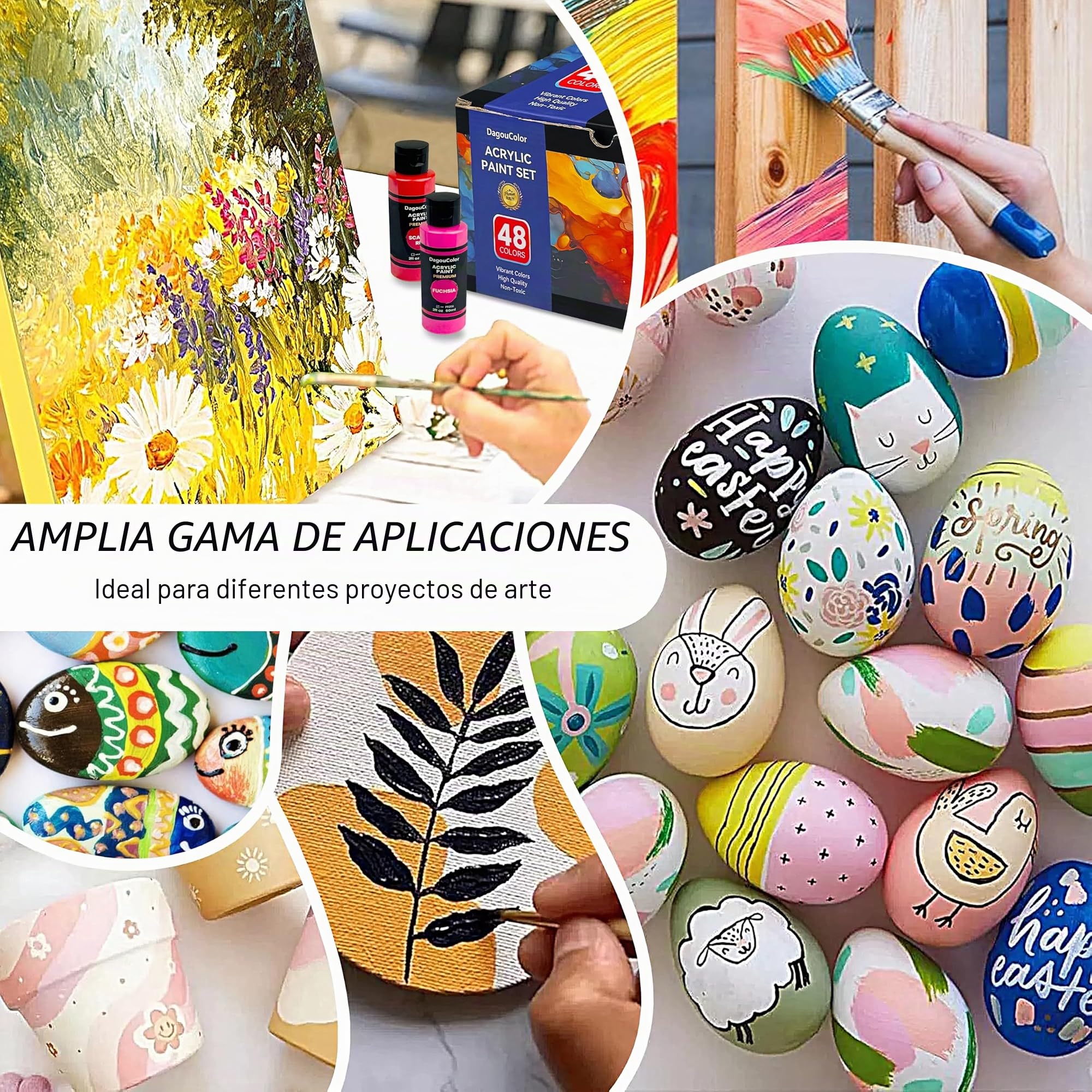 61 PCS Pintura Acrílica - 48 Colores Acrílico (60ml) con 12 Pinceles y 1 Paleta, Regalos de Arte para tela Lienzo, Piedra, Acrilicos para Pintar para Artistas Principiantes