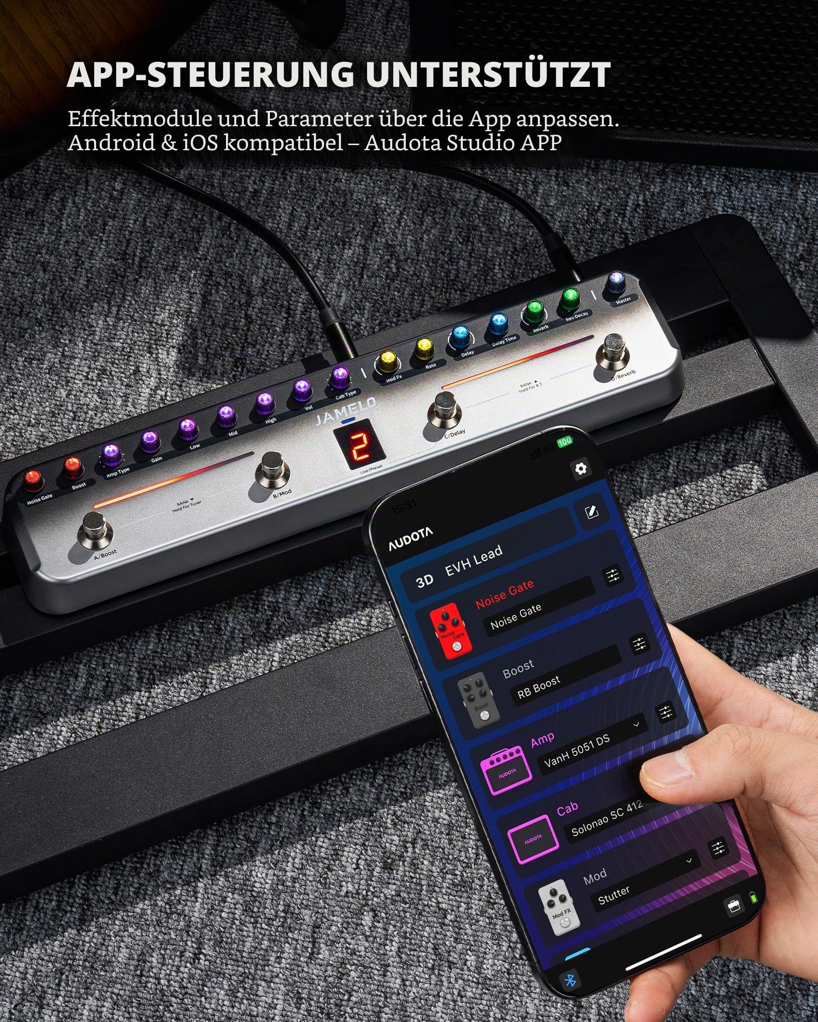 JAMELO Gitarren Multi-Effektpedal, 7 Effektmodule, 27 Effektkombinationen, Overdrive, Distortion, Reverb, Delay, Chorus, mit Bluetooth, IR-Import, Aufnahme, App-Steuerung,wiederaufladbar