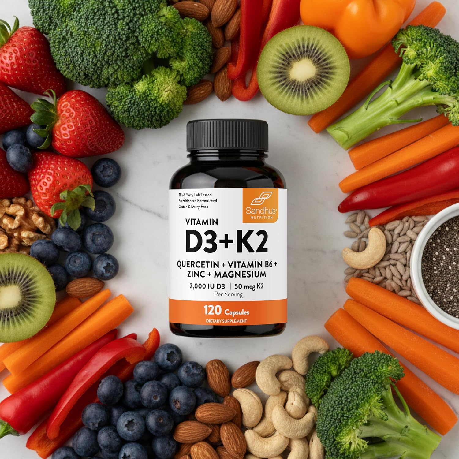 Sandhu's Vitamin D3 K2 Magnesium 2000 IU, 50mcg K2 Capsules 120 Count (Pack of 2) | with VIT B6, Zinc & Quercetin | D3K2 Supports Superior Absorption, Energy, Immune, Muscle Health for Men & Women
