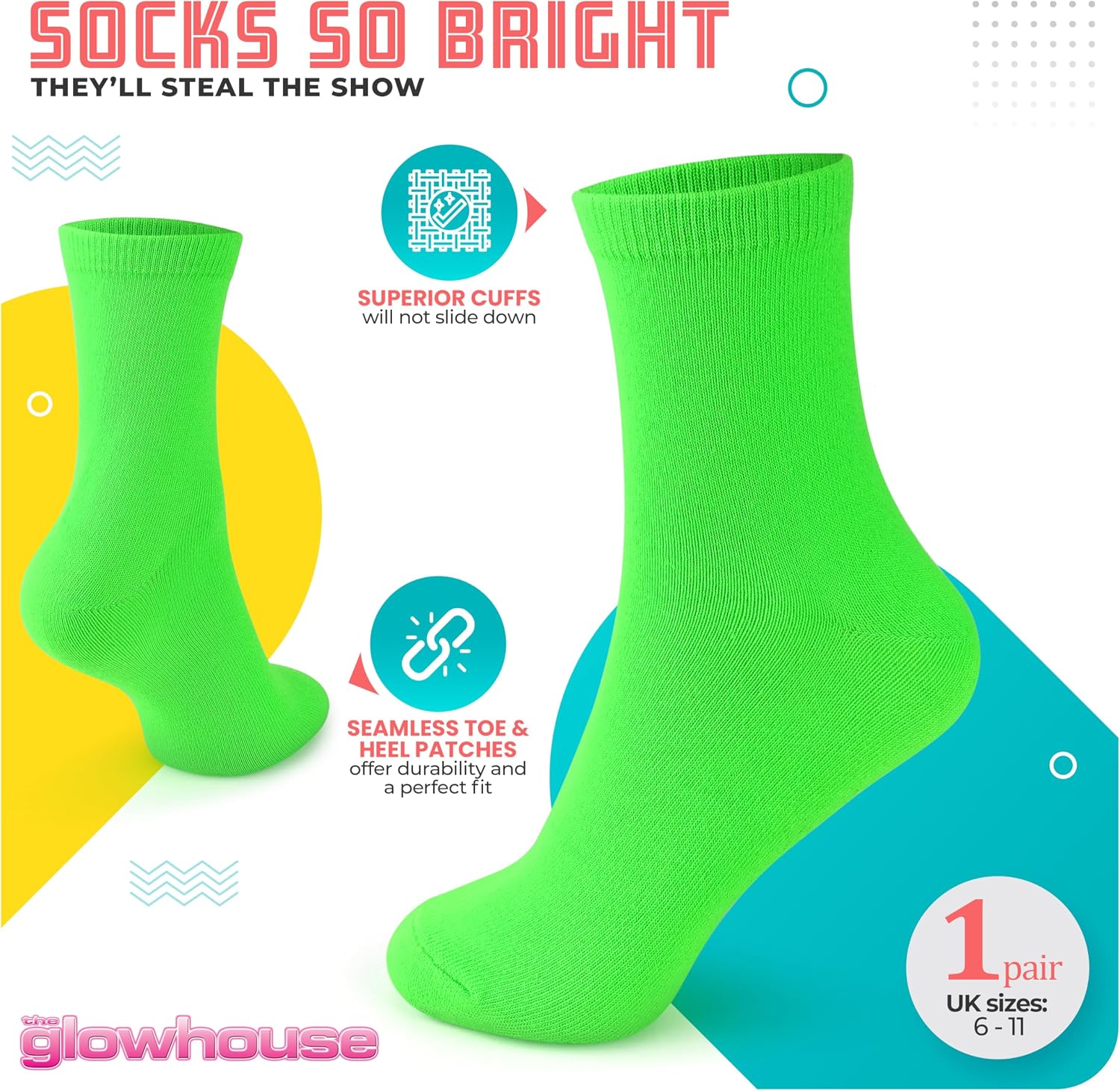 The Glowhouse Casual Dress Socks for Men, Bright Neon Solid Color, Comfortable Crew Socks