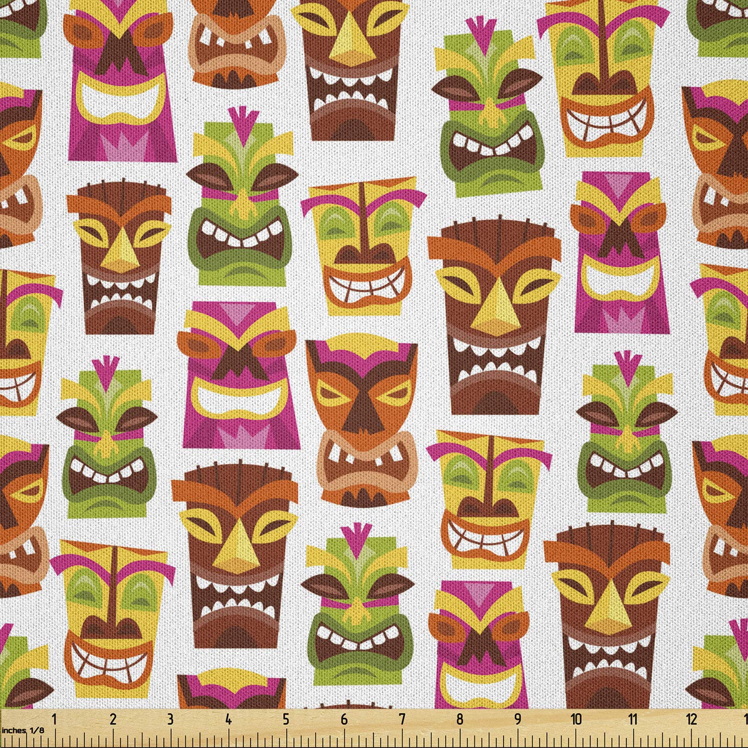Ambesonne Tiki Bar Fabric by The Yard, Sixties Retro Inspired Hawaiian Party Happy Tiki Pattern Colorful, Microfiber Fabric for Arts and Crafts Textiles & Decor, 1 Yard, Brown Beige