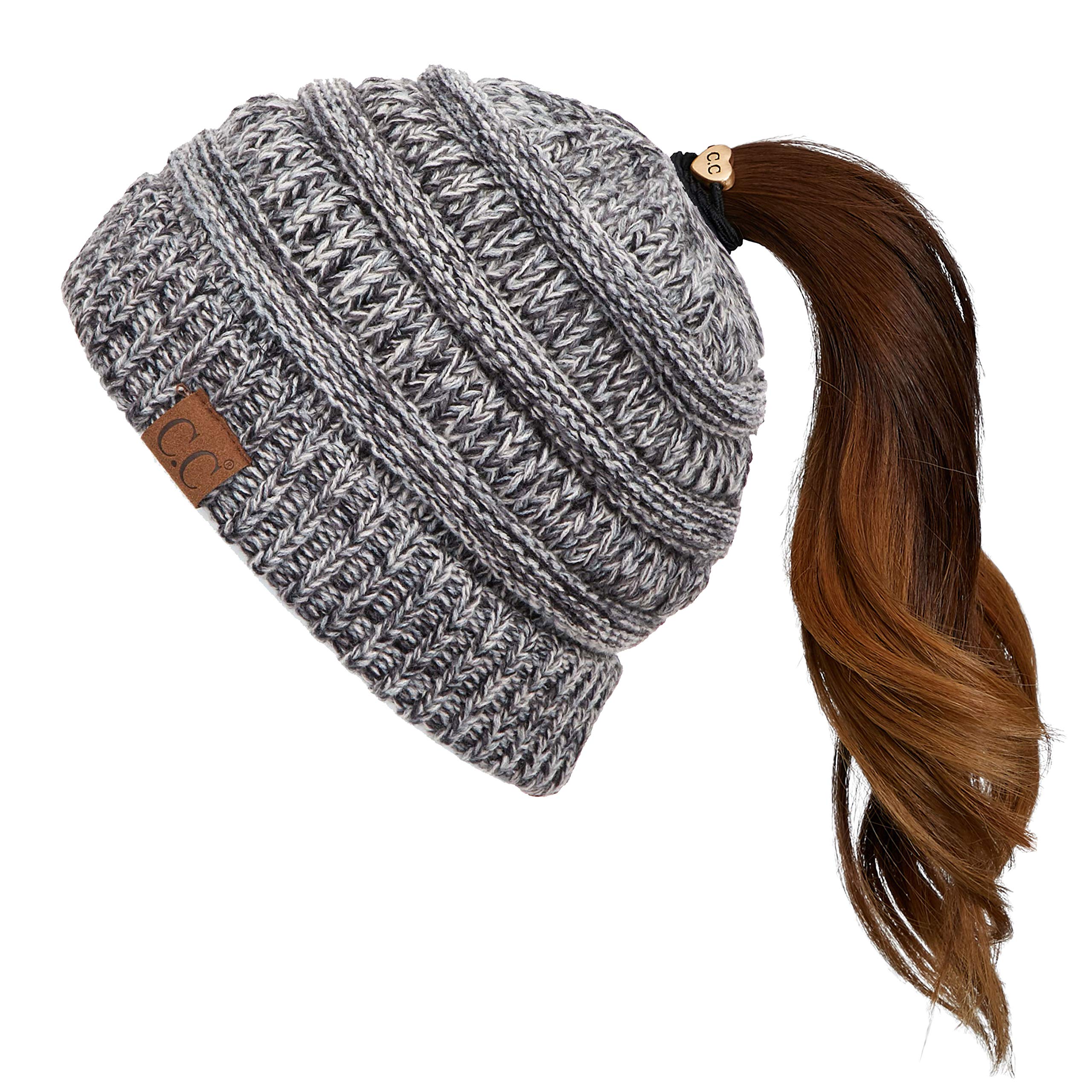 C.C Exclusives Soft Stretch Cable Knit Messy Bun Ponytail Beanie Winter Hat for Women (MB-20A)