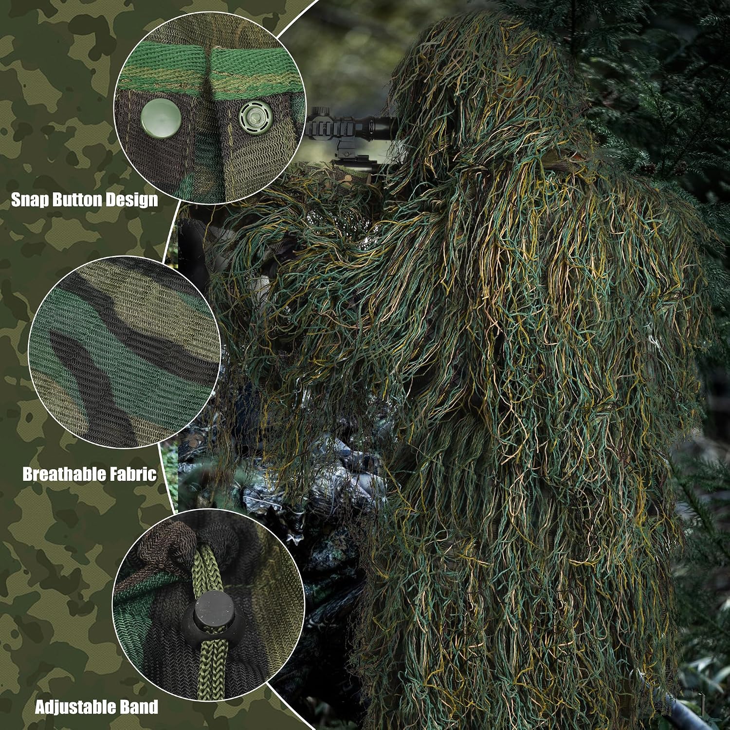Ghillie Suit for Men Hunting - 6 in 1 Complete 3D Camouflage Apparel Set with Jacket, Pants, Hood, Tape, for Hunting, Military, Airsoft, Paintball