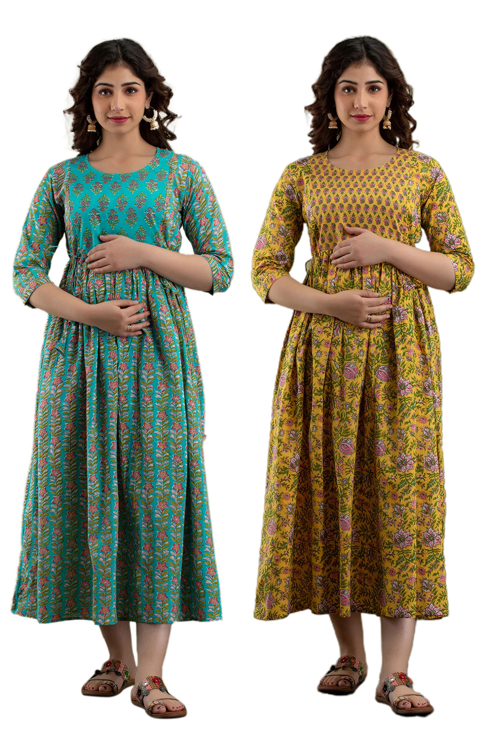 GM SARA Women's Pure Cotton Printed Maternity Gown Feeding Nighty A-line Feeding Dress Kurti Gown for Women Pack of 2