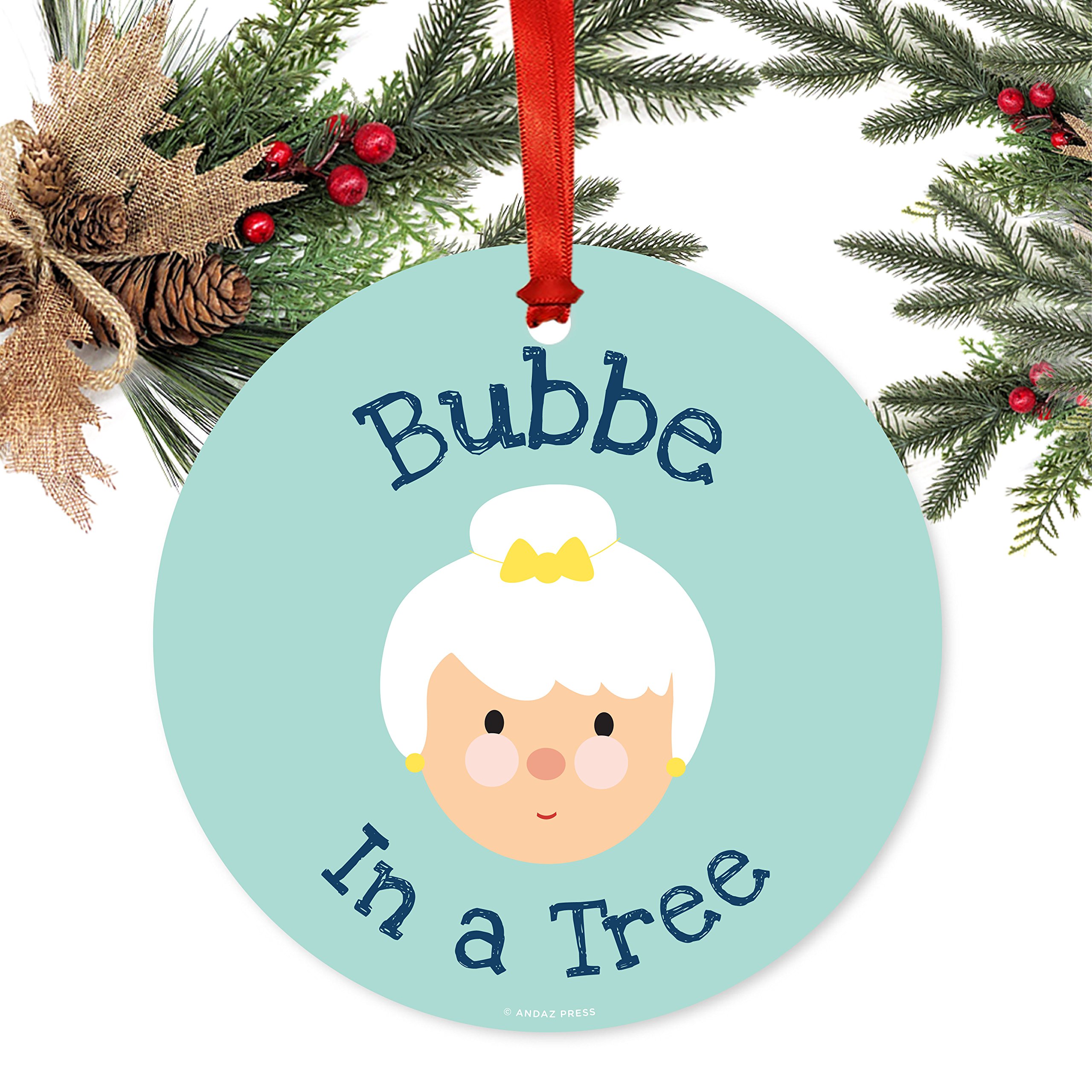 Andaz Press Funny Jewish Family Hanukkah Metal Ornaments, Bubbe in a Tree™, Jewish Yiddish Grandmother Christmas Tree Ornament to Look Over Kids, 1-Pack, Includes Ribbon and Gift Bag