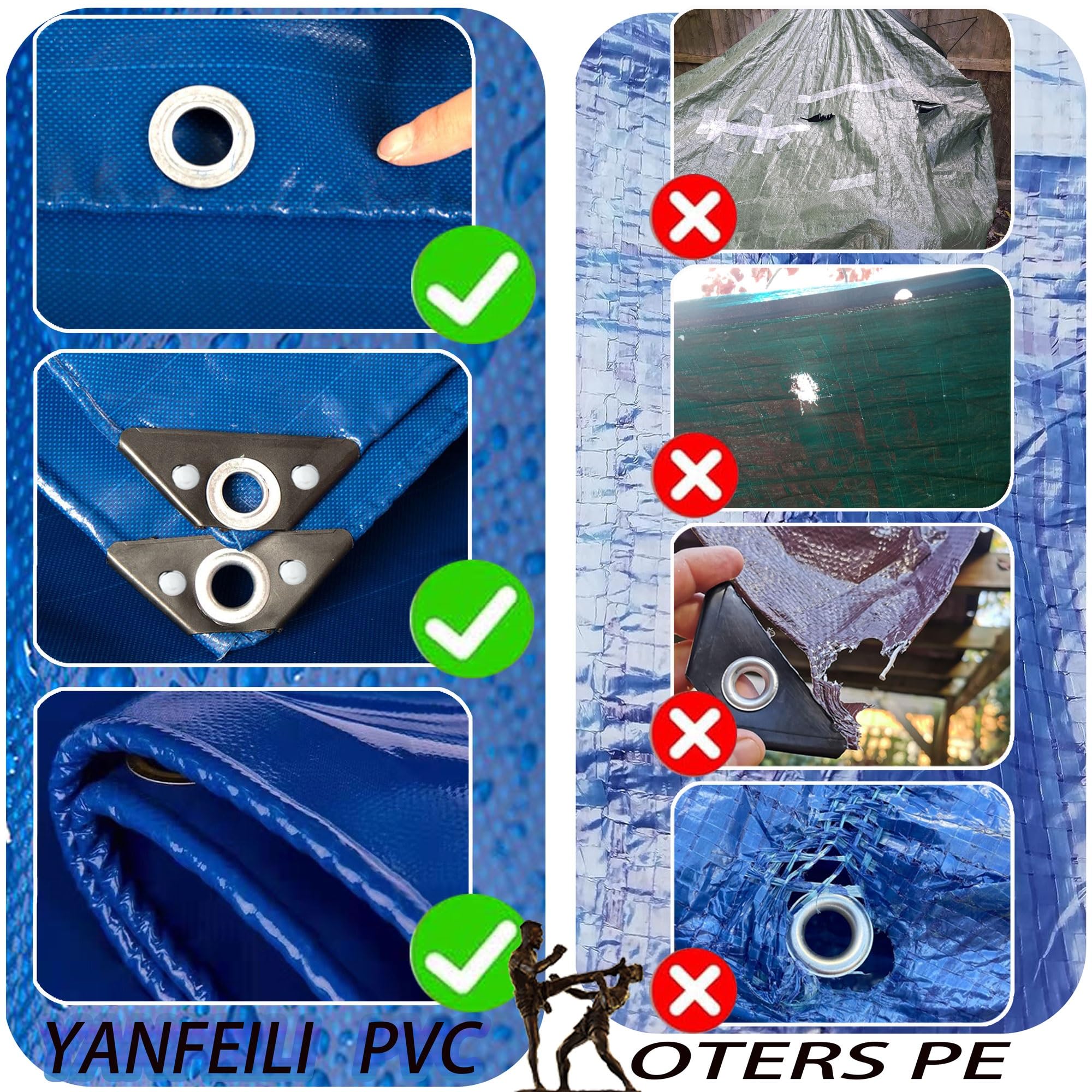 Lona impermeable de alta resistencia de 0,5 x 44 m, 520 g/m², cubierta de PVC azul, versátil para exteriores, protección de barco, protección de jardín, refugio con ojales para acampar y más