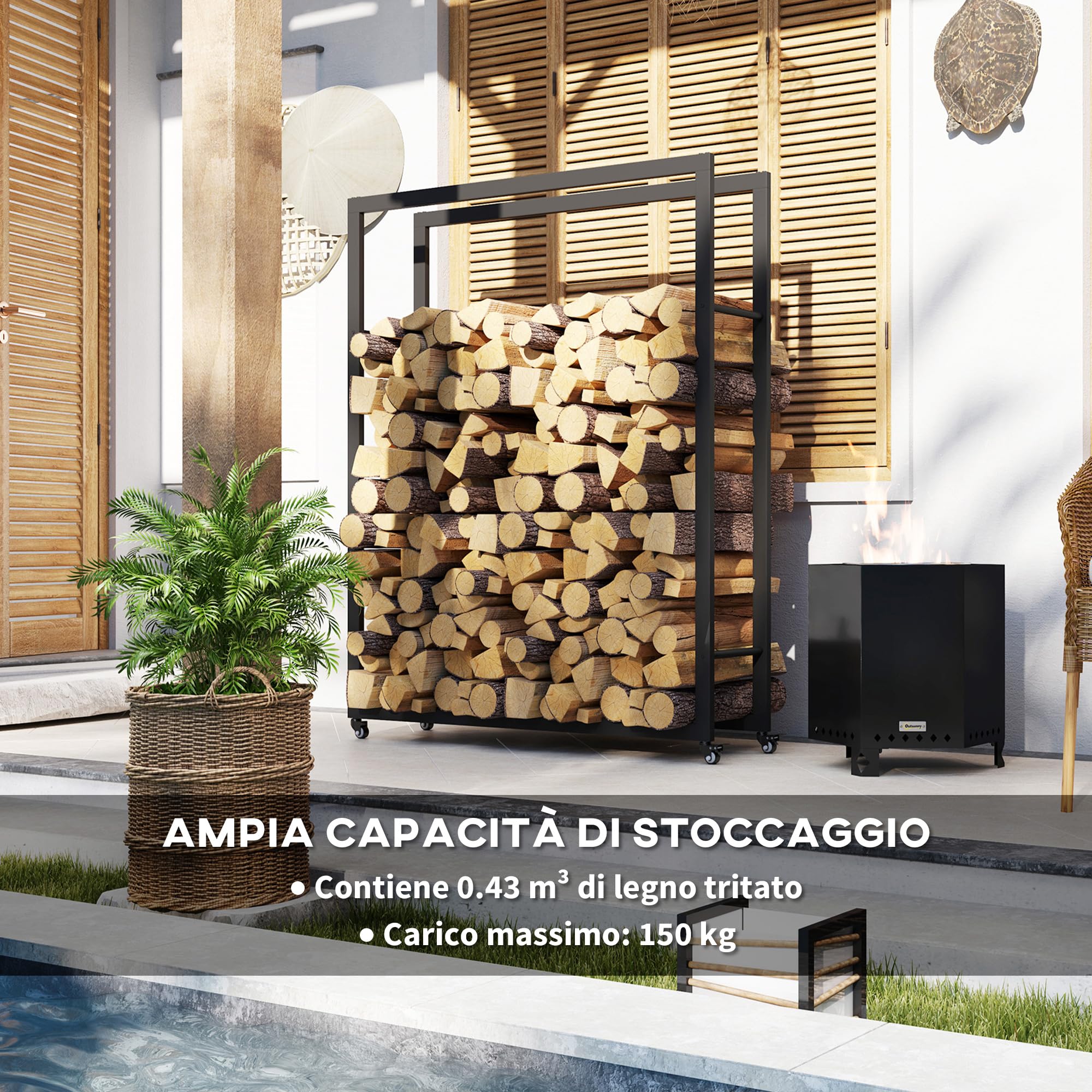 Outsunny Scaffale Portalegna da Esterno e Interno con Ruote, Legnaia in Metallo Rinforzato, 0.43m³, 120x32x151cm, Nero