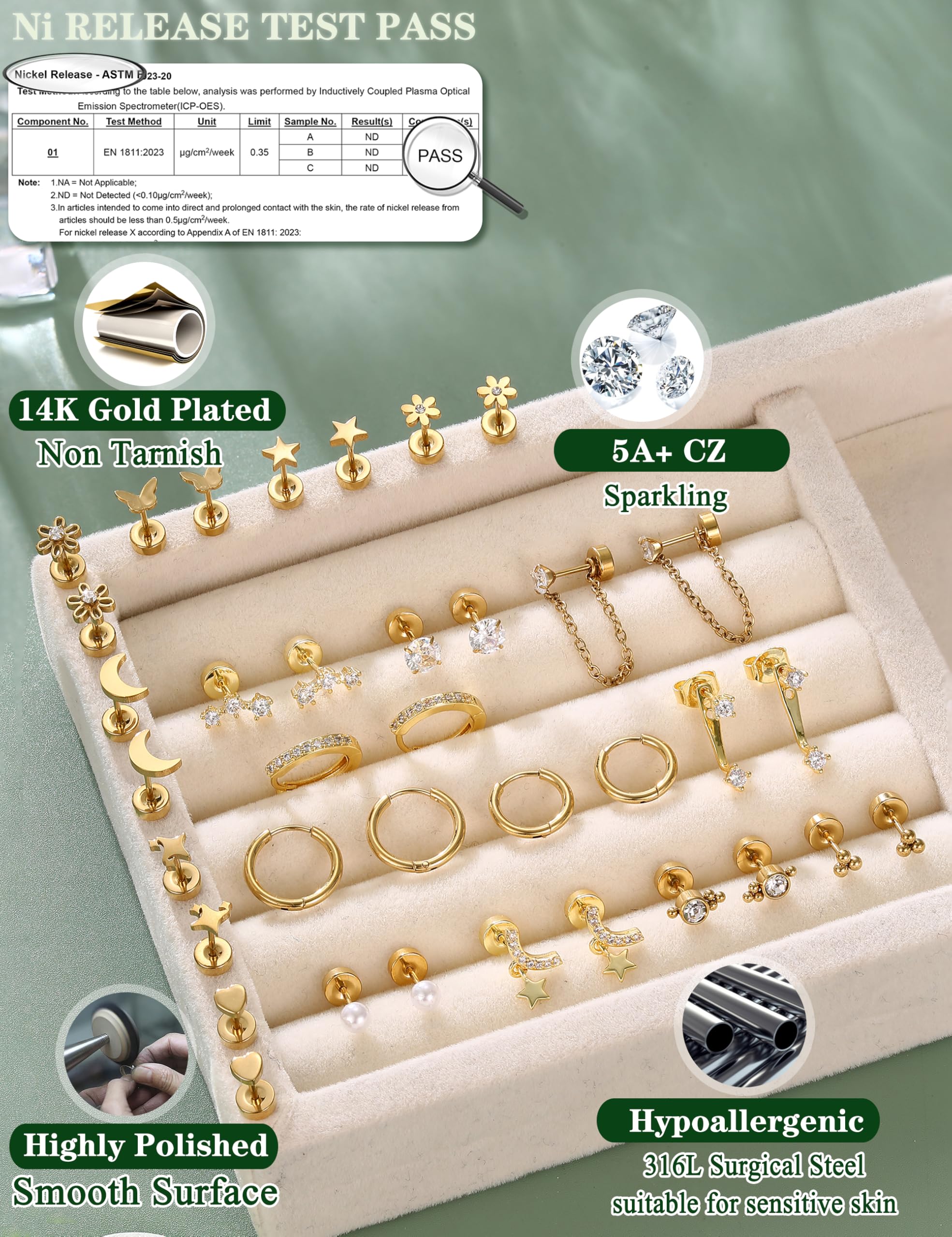 Hypoallergenic Flat Back Earrings 14K Gold Plated Cartilage Earring Stacks for Sensitive Ears Surgical Steel Small Huggie Hoops Flatback Stud Earrings Set for Multiple Piercing Jewelry Gift for Women - 5