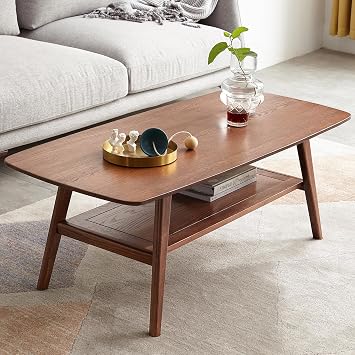 Modern Solid Oak Wood Coffee Table, 2-Tier Small Wooden Coffee Table with Storage Shelf for Living Room, Apartment, Office47.24D x 22.05W x 17.32H
