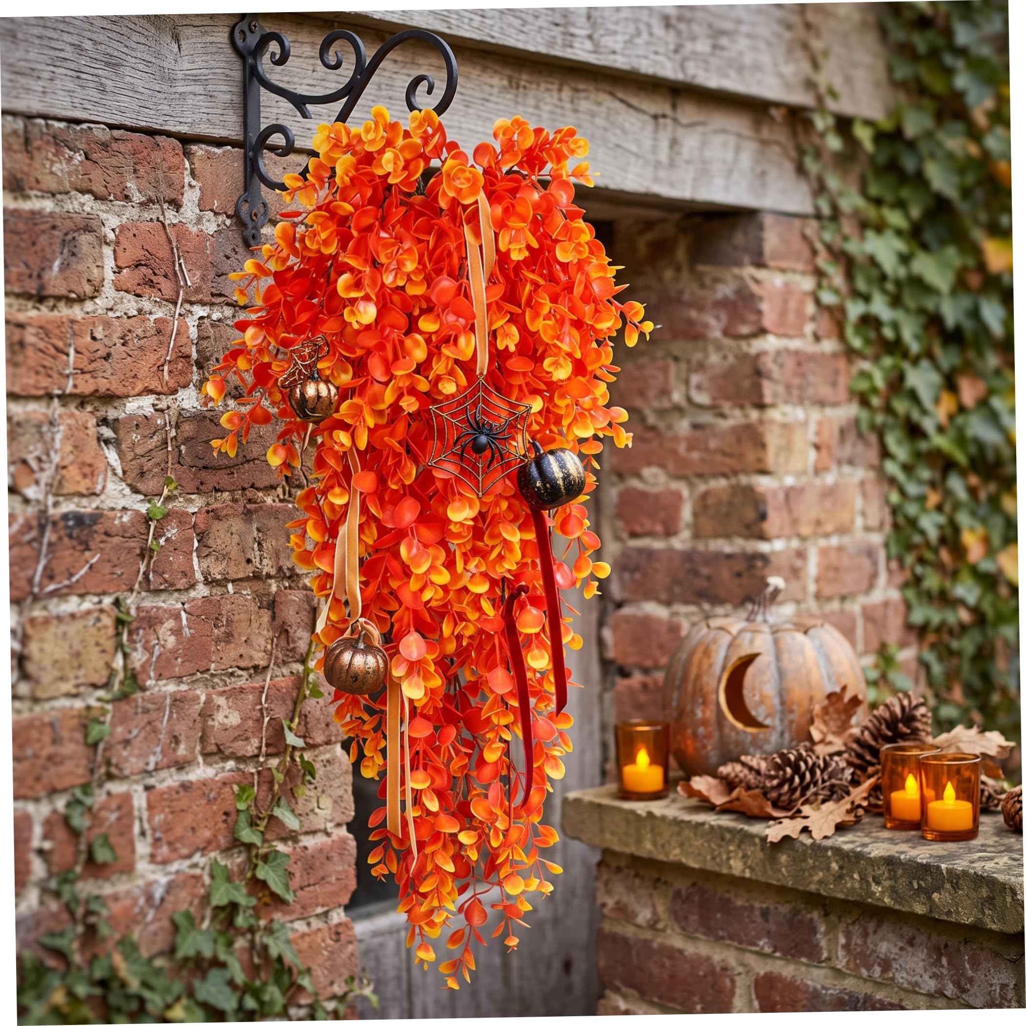 Piante pensili 6 pezzi rampicanti artificiali arancioni | Stile a cascata densa, in plastica, per Halloween e spazi gotici interni/esterni