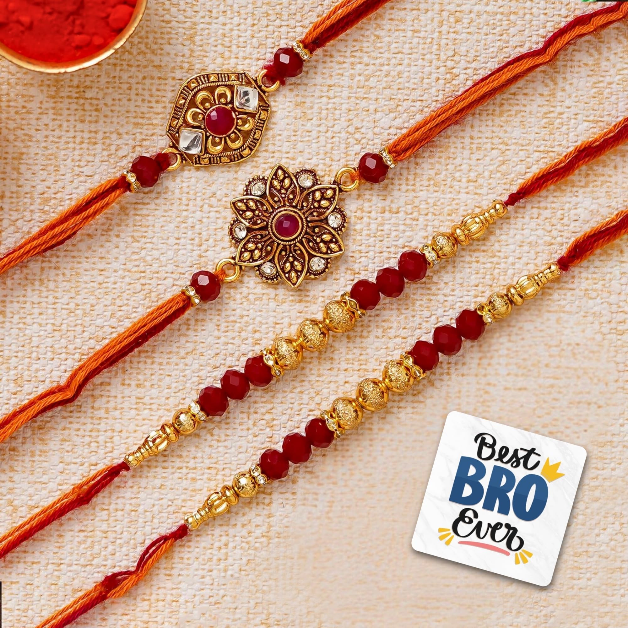 eCraftIndia Stone and Pearl Designer Rakhi for Brother with Best Bro Ever Fridge Magnet & Roli Chawal Pack | Raksha Bandhan Rakhi for Bhaiya Bhai | Traditional Stone Work Decorative Festive Thread