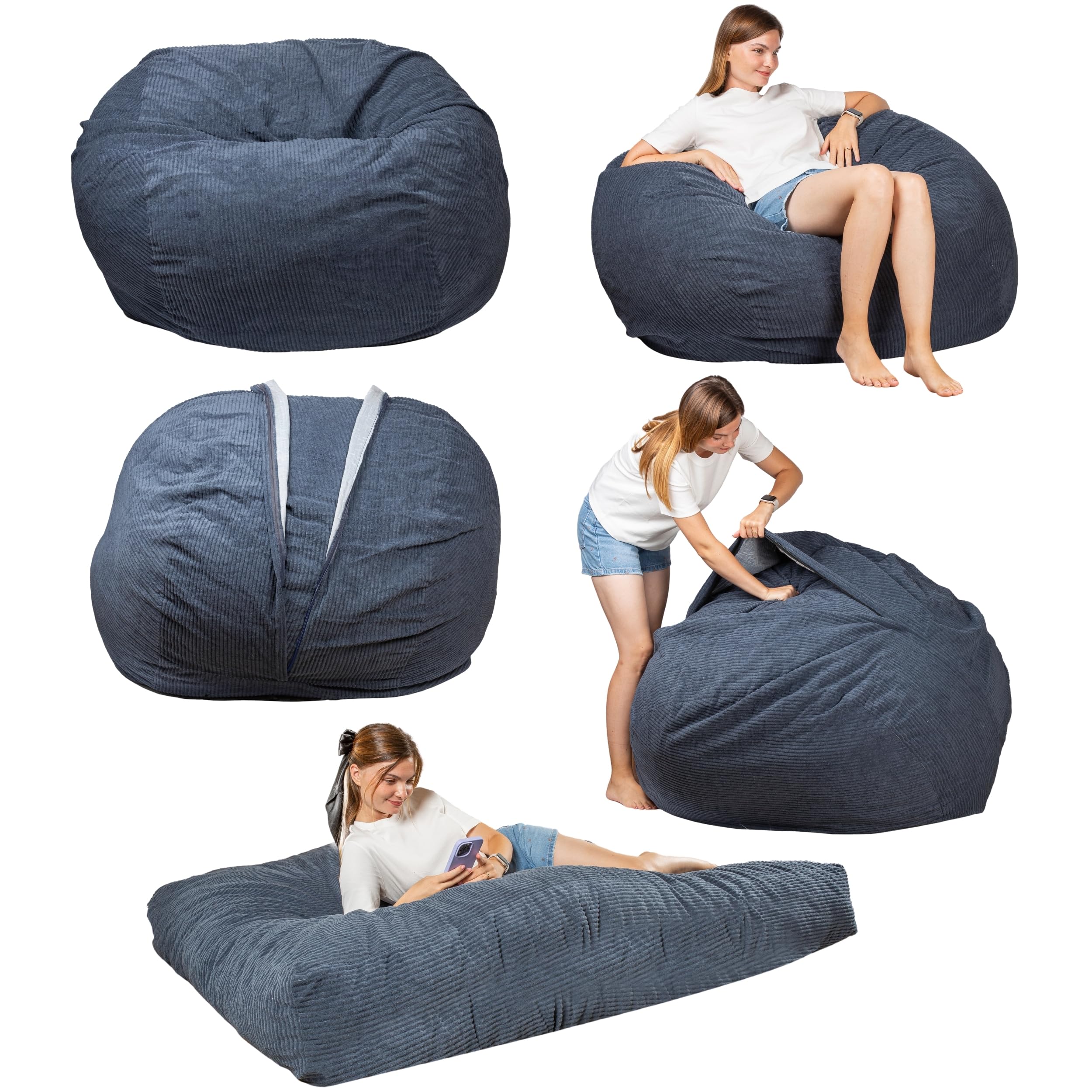 bananair - Pouf Lit Convertible en Velours Côtelé – Transformable en Matelas d’Appoint Ultra Confortable, Rembourrage en Mousse – Pouf Salon/Chambre Utilisable en Futon/Matelas de Sol (Bleu Nuit)