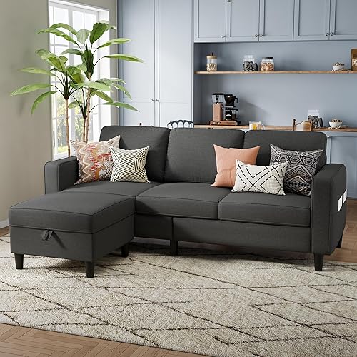 Miniatura 7 de Sofá seccional y sofás para sala de estar, 78 pulgadas, color gris oscuro, 3 asientos, sofá en forma de L con otomana móvil, cómodos sofás