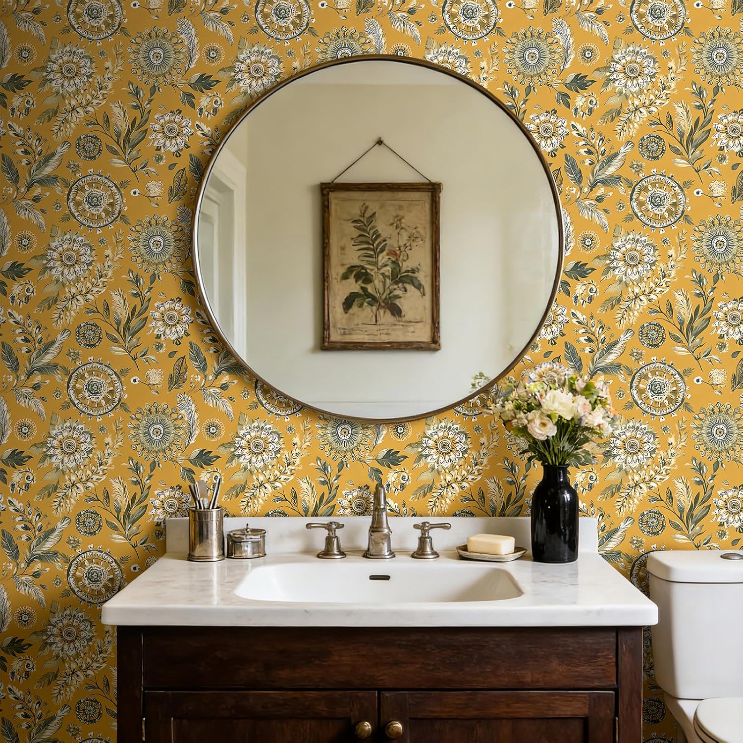 Stickyart Mustard Yellow Boho Floral Wallpaper Peel and Stick Vintage Eclectic Floral Mandala Contact Paper Removable Cottage Core Botanical Wall Paper Decorative for Cabinets Entryway 17.5"x80"
