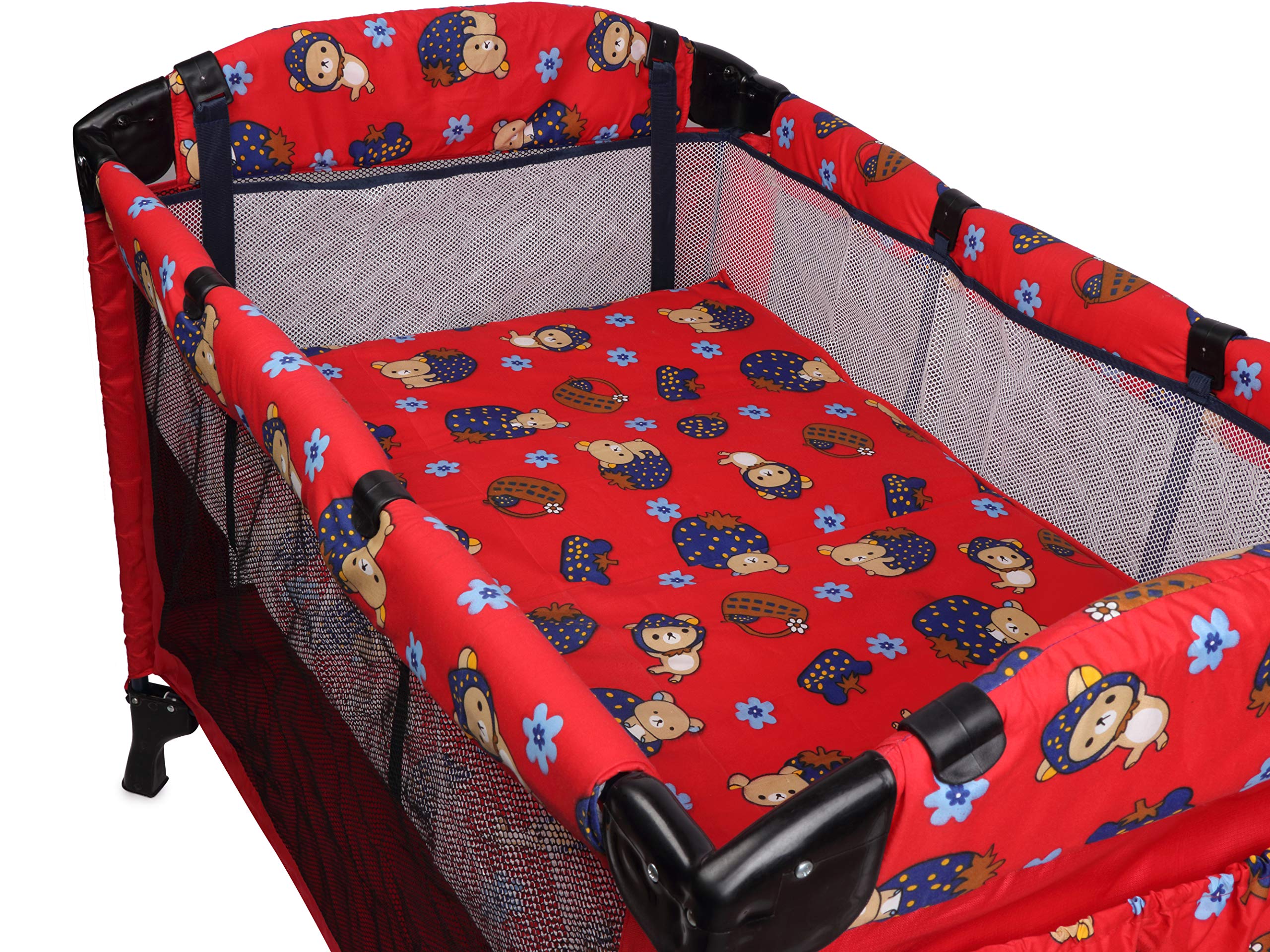 Infanto Playpen Cum Cot | Compact and Highly Portable| with Travel Bag | Easy Fold | 2-in-1 Functionality | Double-Layer Pad | Breathable Mesh-CC48 (RED) - Image 3 thumbnail