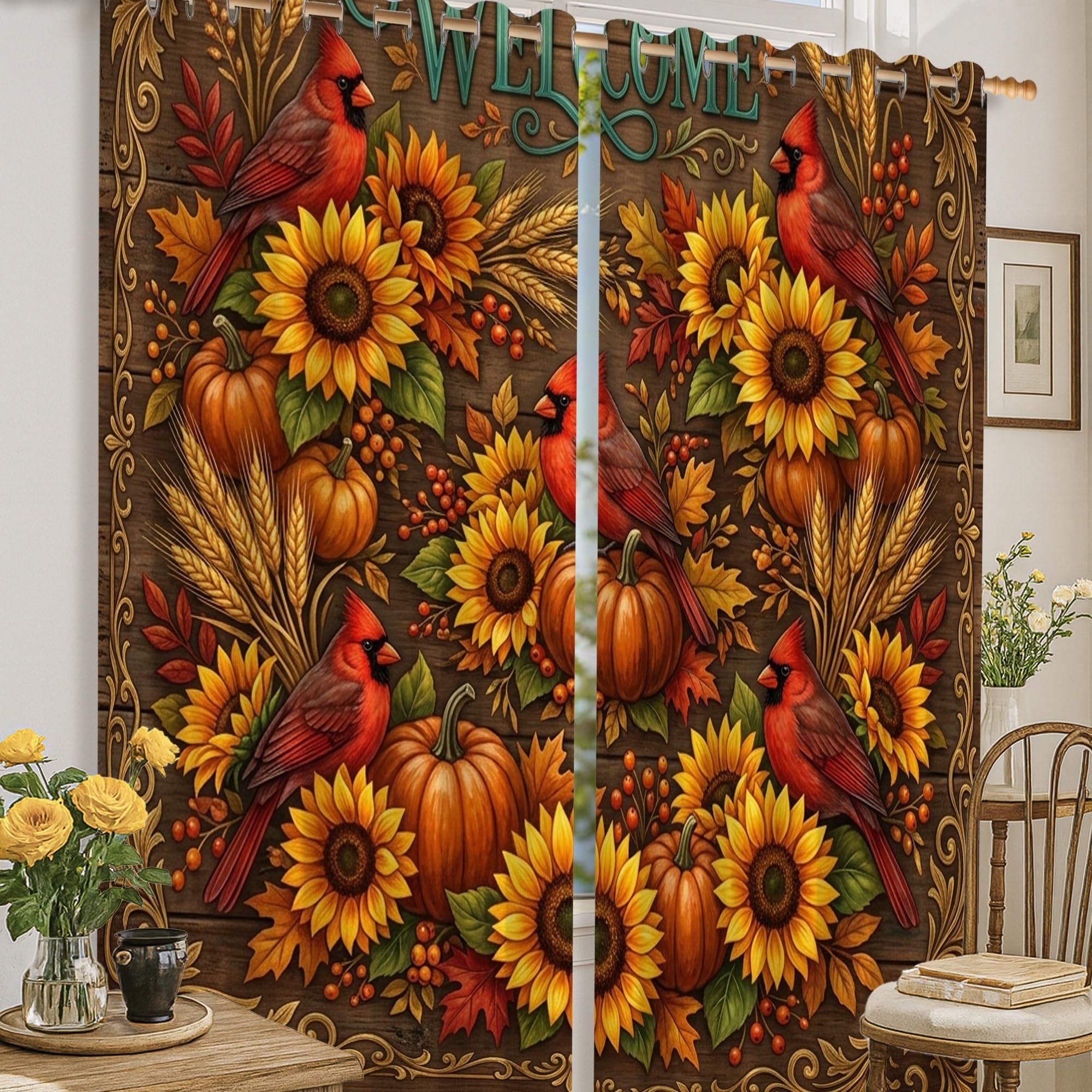 Rideaux occultants thermiques motif tournesol et citrouilles jaune automne pour salon 132x160cm