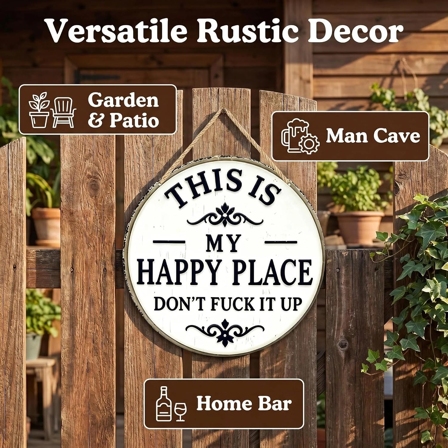 Vintage Metal Sign 12x12in - "This Is My Happy Place Don't F*ck It Up" - Funny Outdoor Wall Decor for Garden & Porch - Rustic Welcome Plaque for Home Office Bar image 4