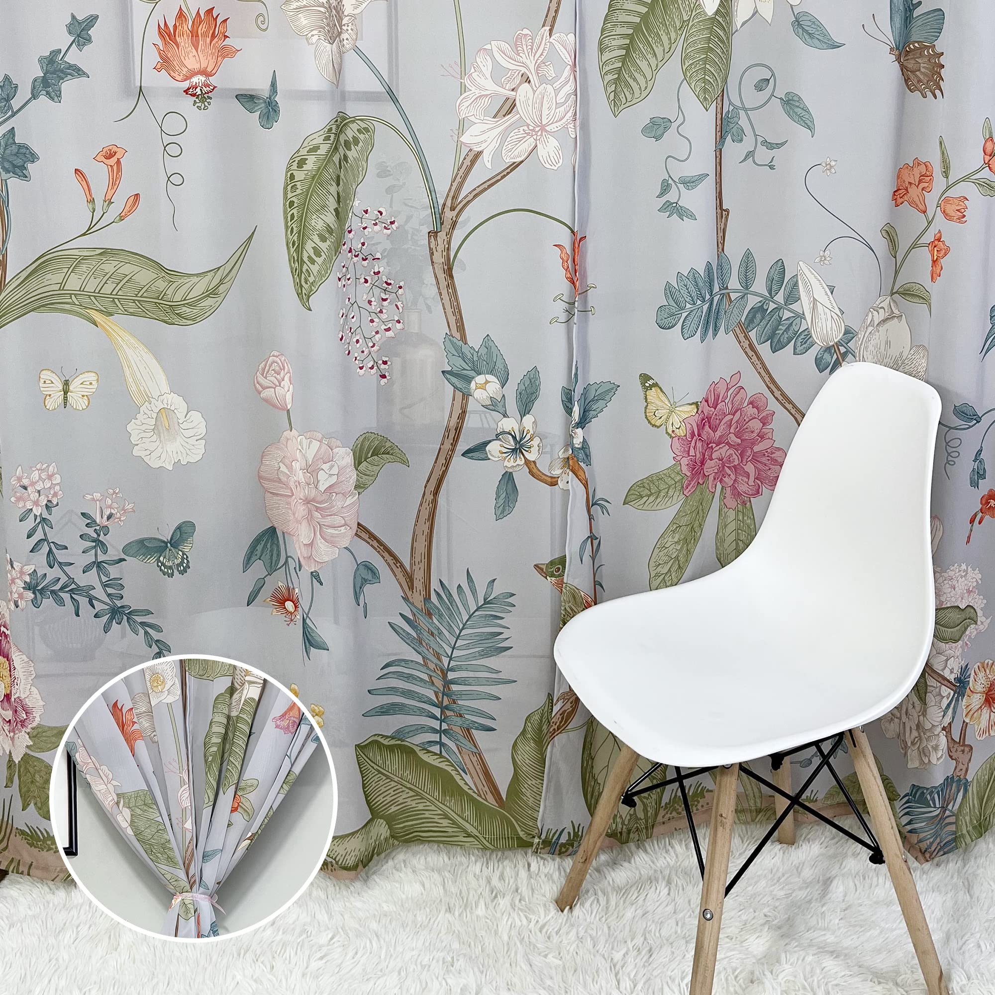 Durchsichtige Fenstervorhänge Mit Blumenmuster – 2 Paneele, 137x213 Cm, Chiffon, Mit Ösen