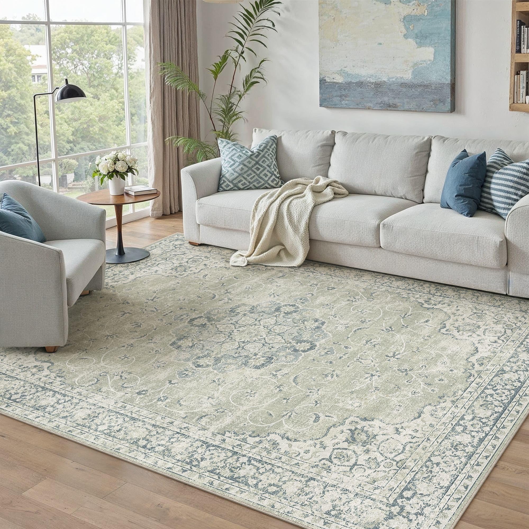 hugear machine washable area rugs 5x7 vintage sage green living room bedroom rug neutral style non slip stain resistant low pile throw carpet for home retro aesthetic modern decor